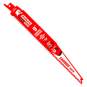 Red 9-inch reciprocating saw blade with carbide teeth and mounting hook at top.