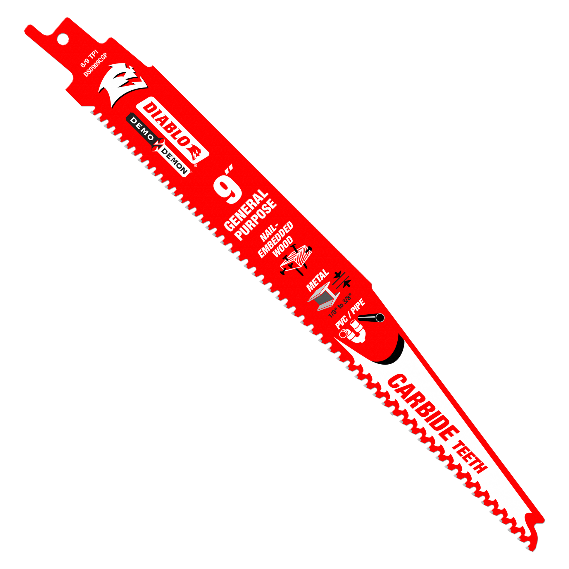 Red 9-inch reciprocating saw blade with carbide teeth and mounting hook at top.