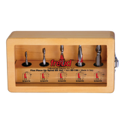 Five up spiral router bits with varying sizes displayed in a tan wooden storage case with metal bases.
