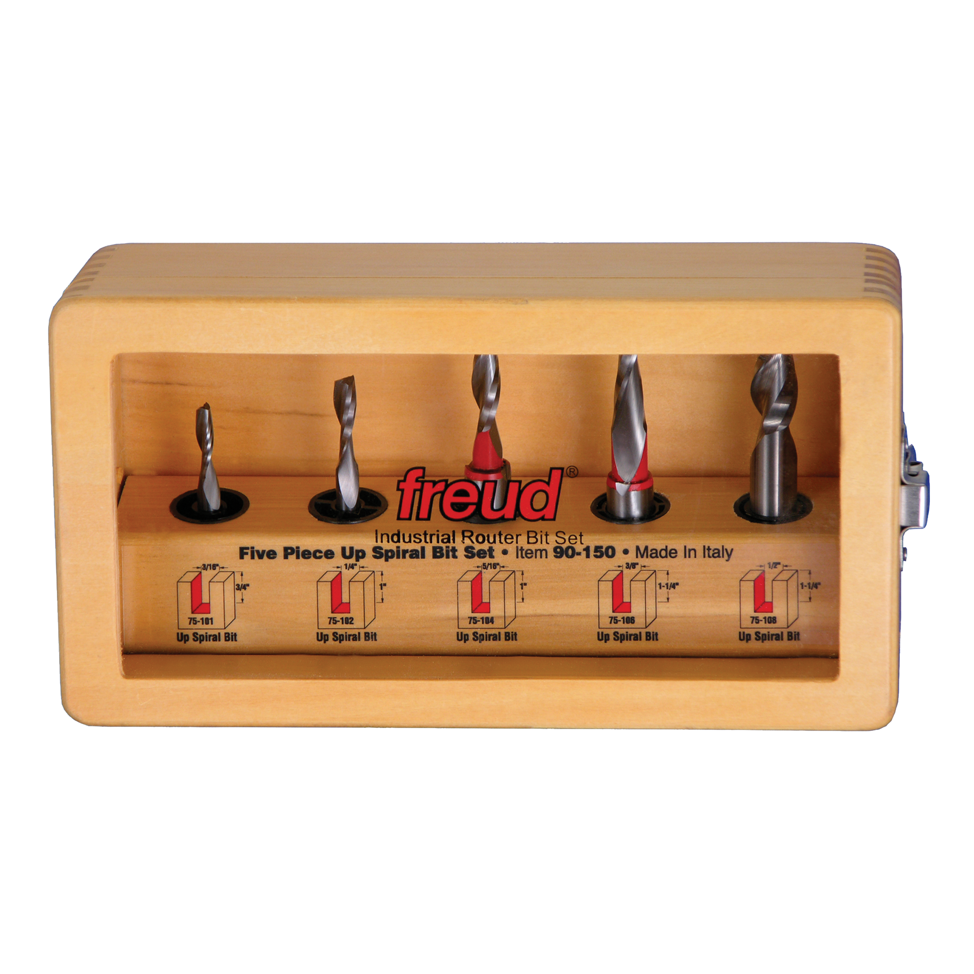 Five up spiral router bits with varying sizes displayed in a tan wooden storage case with metal bases.