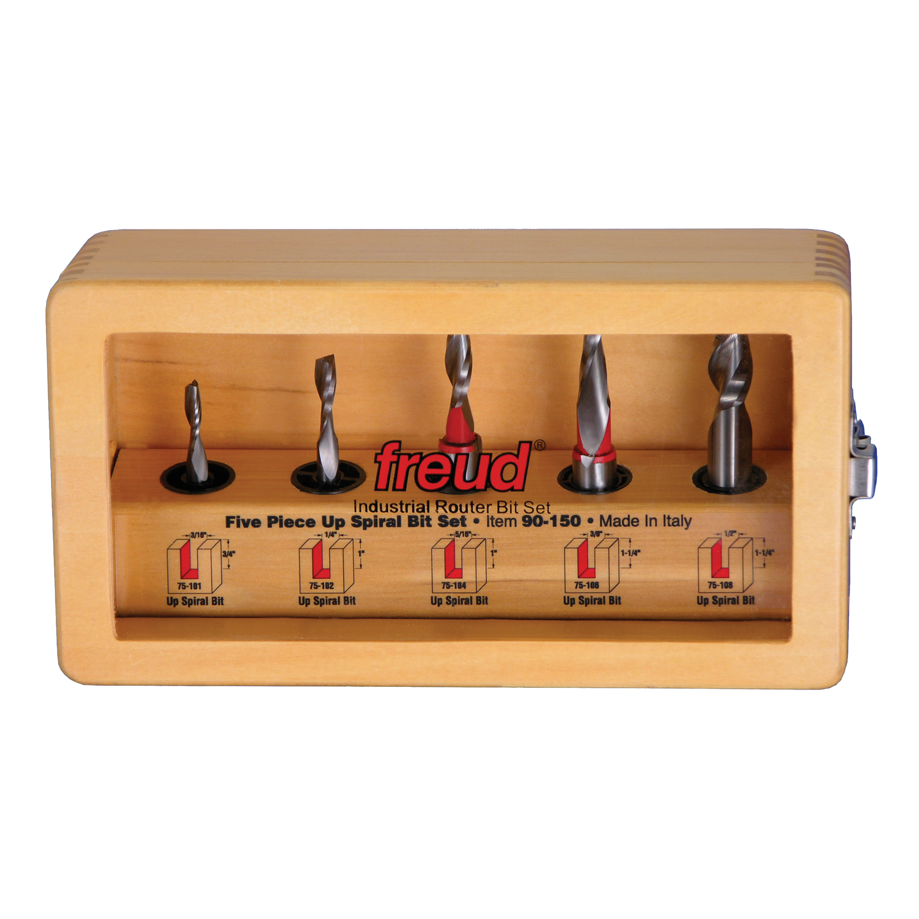 Five up spiral router bits with varying sizes displayed in a tan wooden storage case with metal bases.