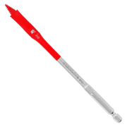 Red and silver spade bit with flat paddle-shaped tip and hexagonal shank for drill use.