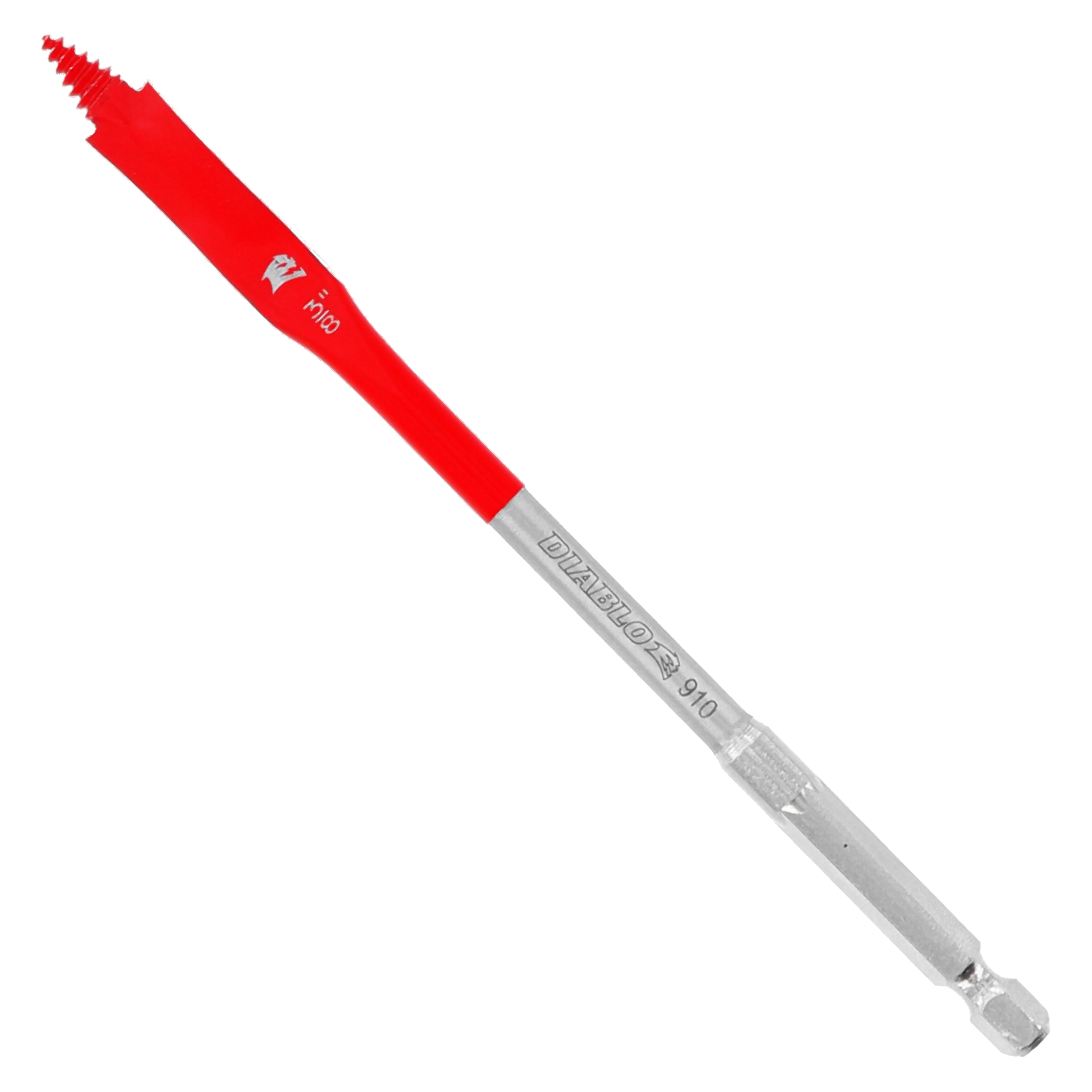 Red and silver spade bit with flat paddle-shaped tip and hexagonal shank for drill use.