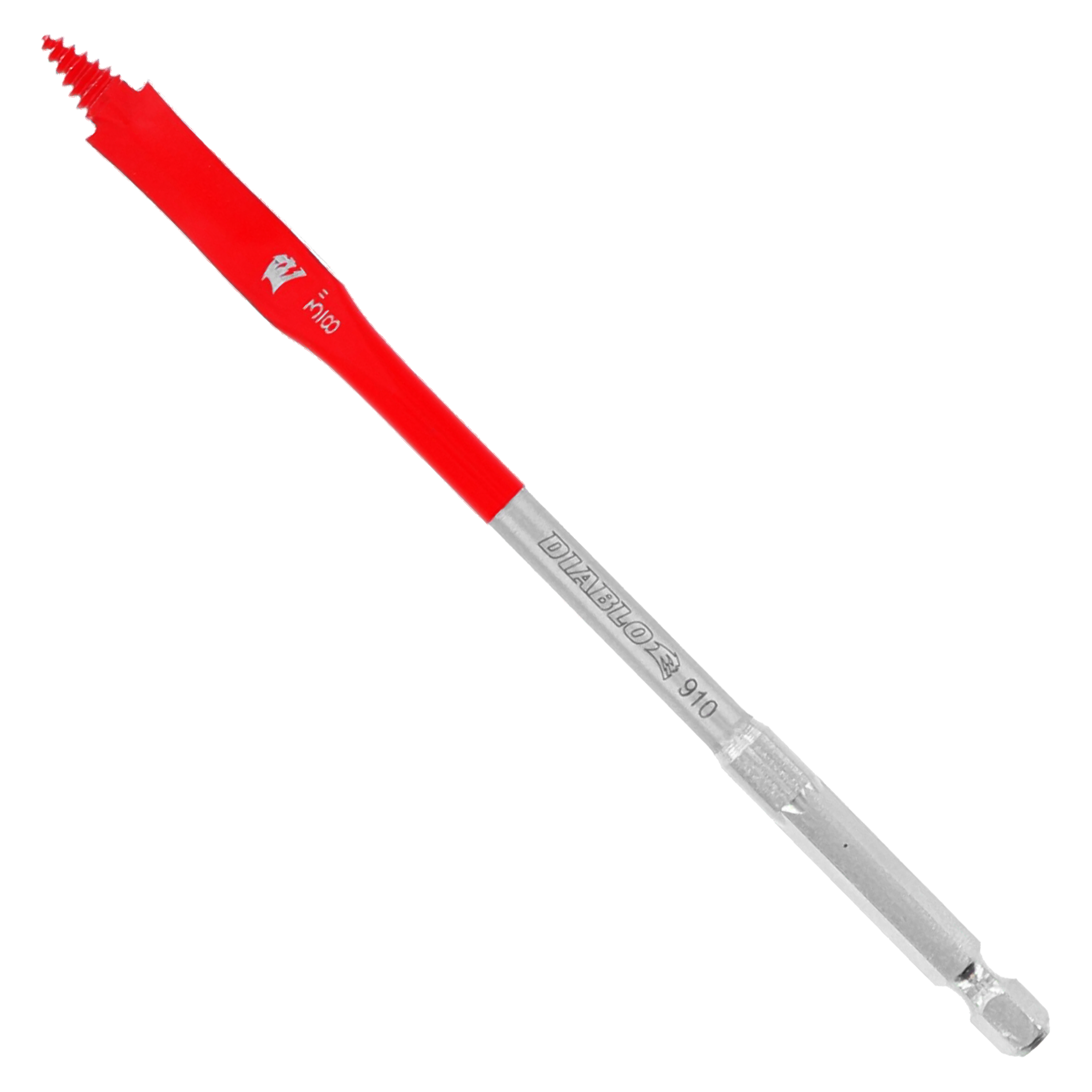 Red and silver spade bit with flat paddle-shaped tip and hexagonal shank for drill use.