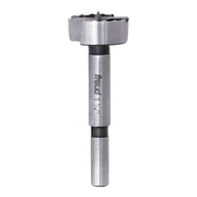 Freud Forstner bit with cylindrical steel shaft and circular cutting head with serrated edge at top.