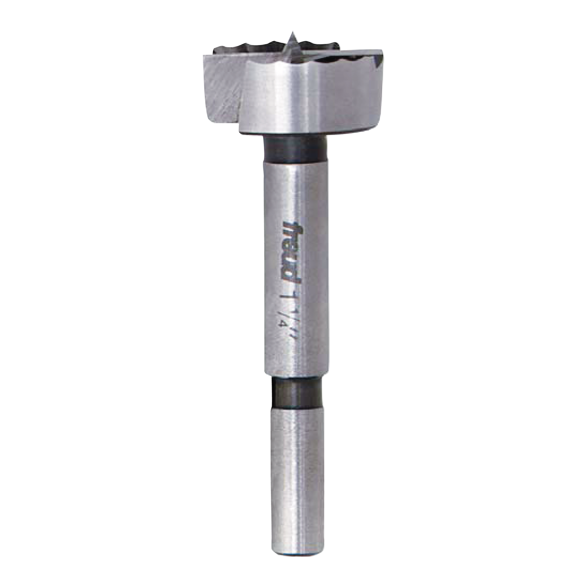 Freud Forstner bit with cylindrical steel shaft and circular cutting head with serrated edge at top.