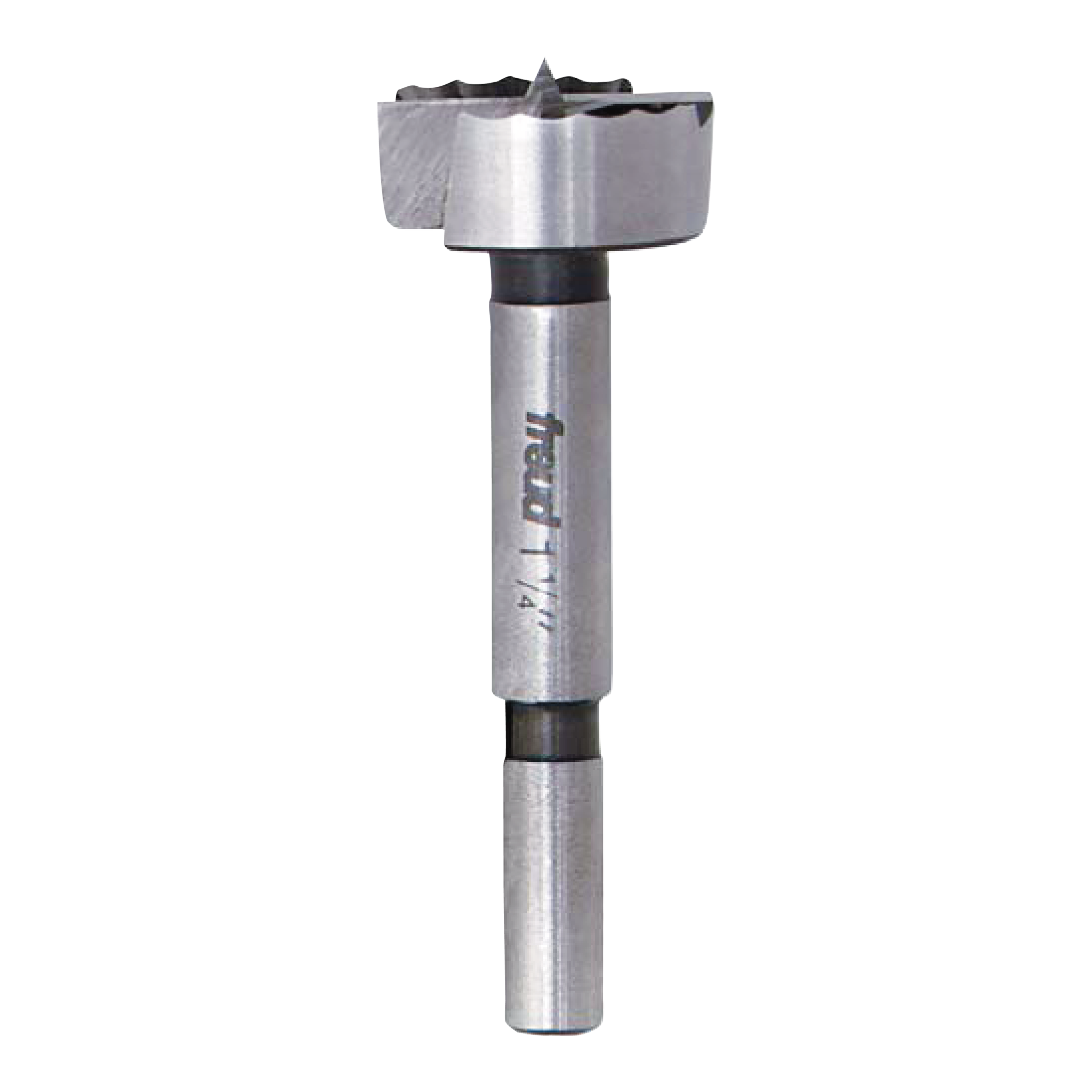 Freud Forstner bit with cylindrical steel shaft and circular cutting head with serrated edge at top.