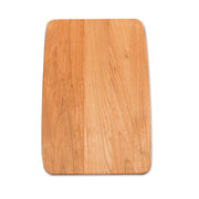 Rectangular wood cutting board with light oak finish and rounded corners.