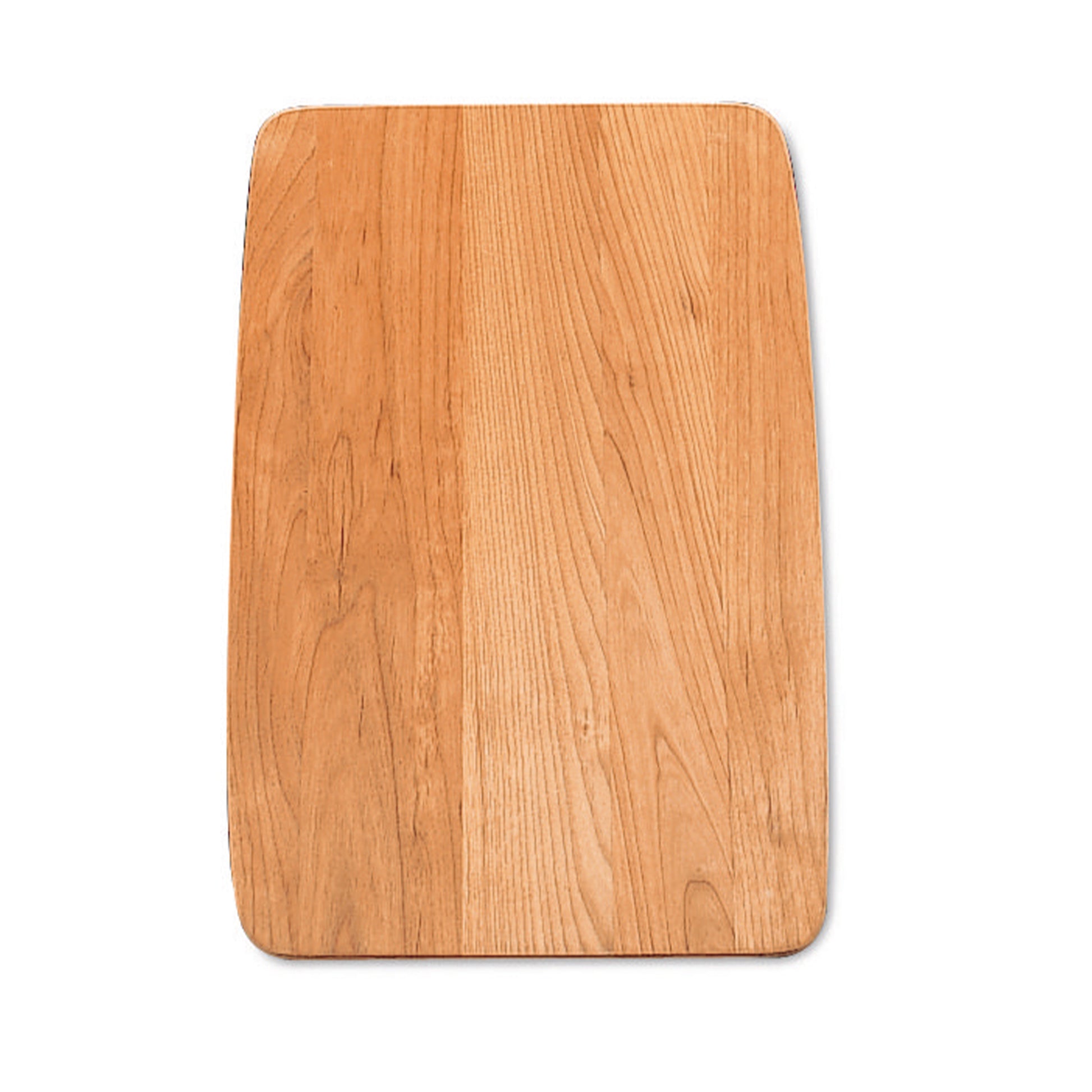 Rectangular wood cutting board with light oak finish and rounded corners.