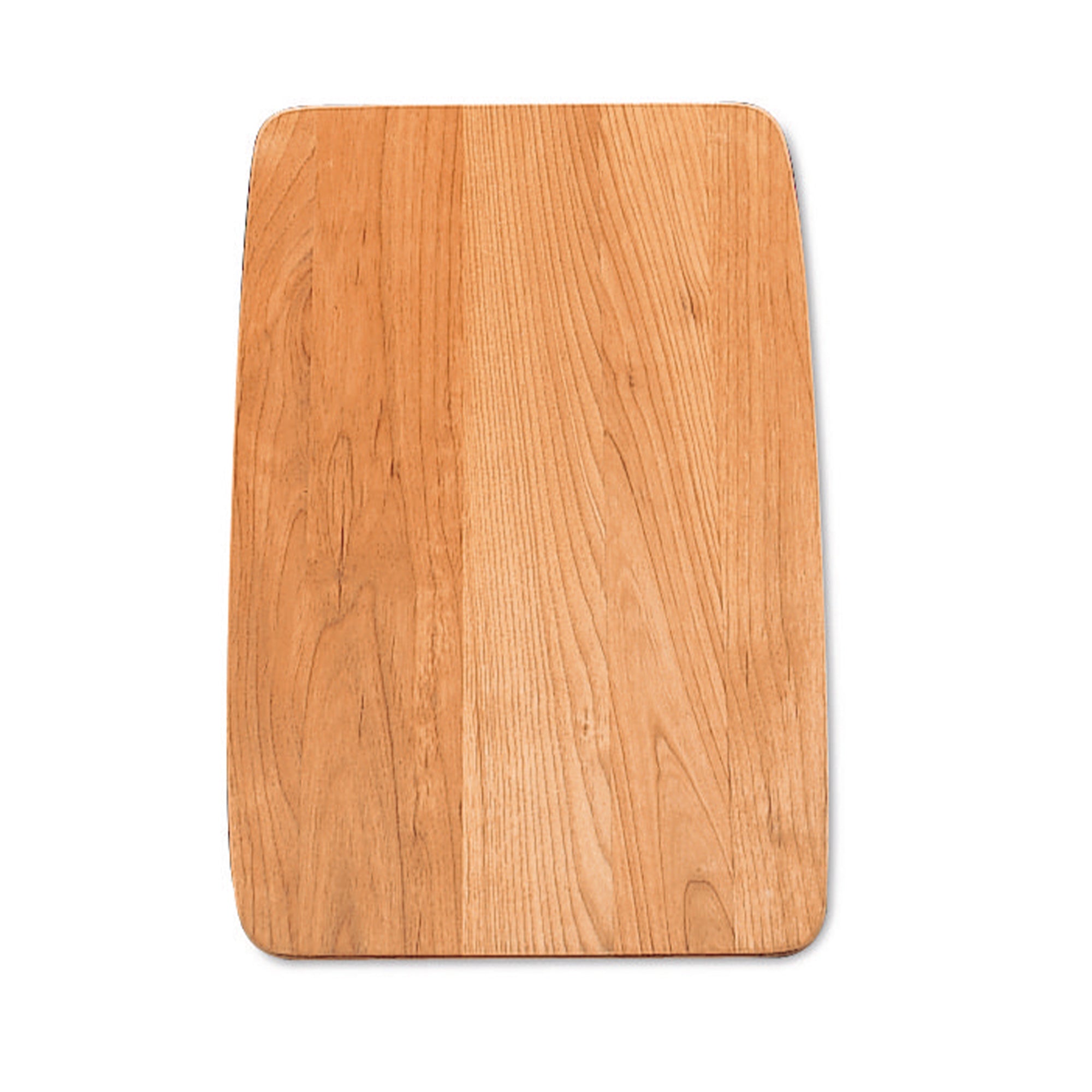 Rectangular wood cutting board with light oak finish and rounded corners.