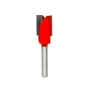 Red and gray straight router bit with two flutes and metal shank.