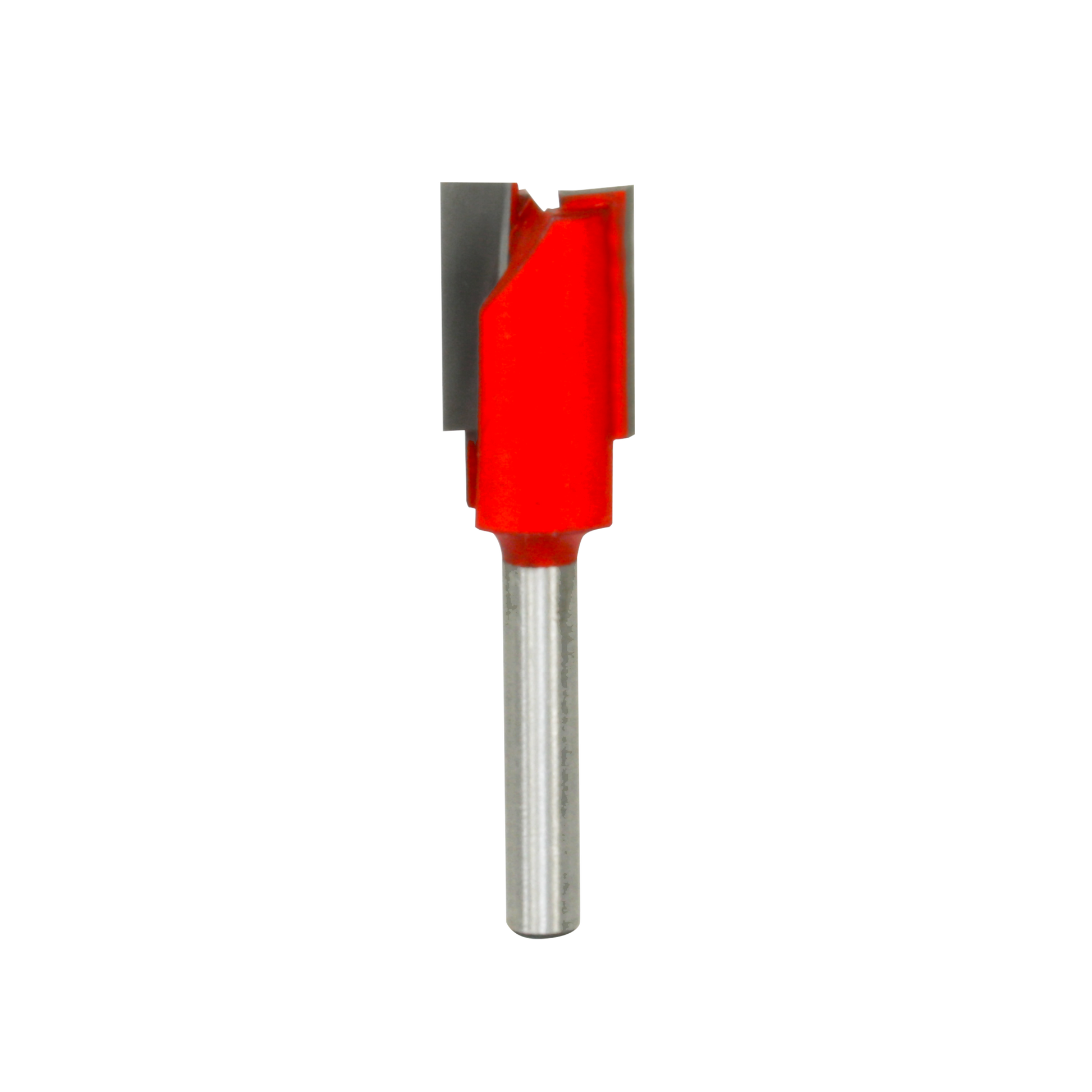 Red and gray straight router bit with two flutes and metal shank.