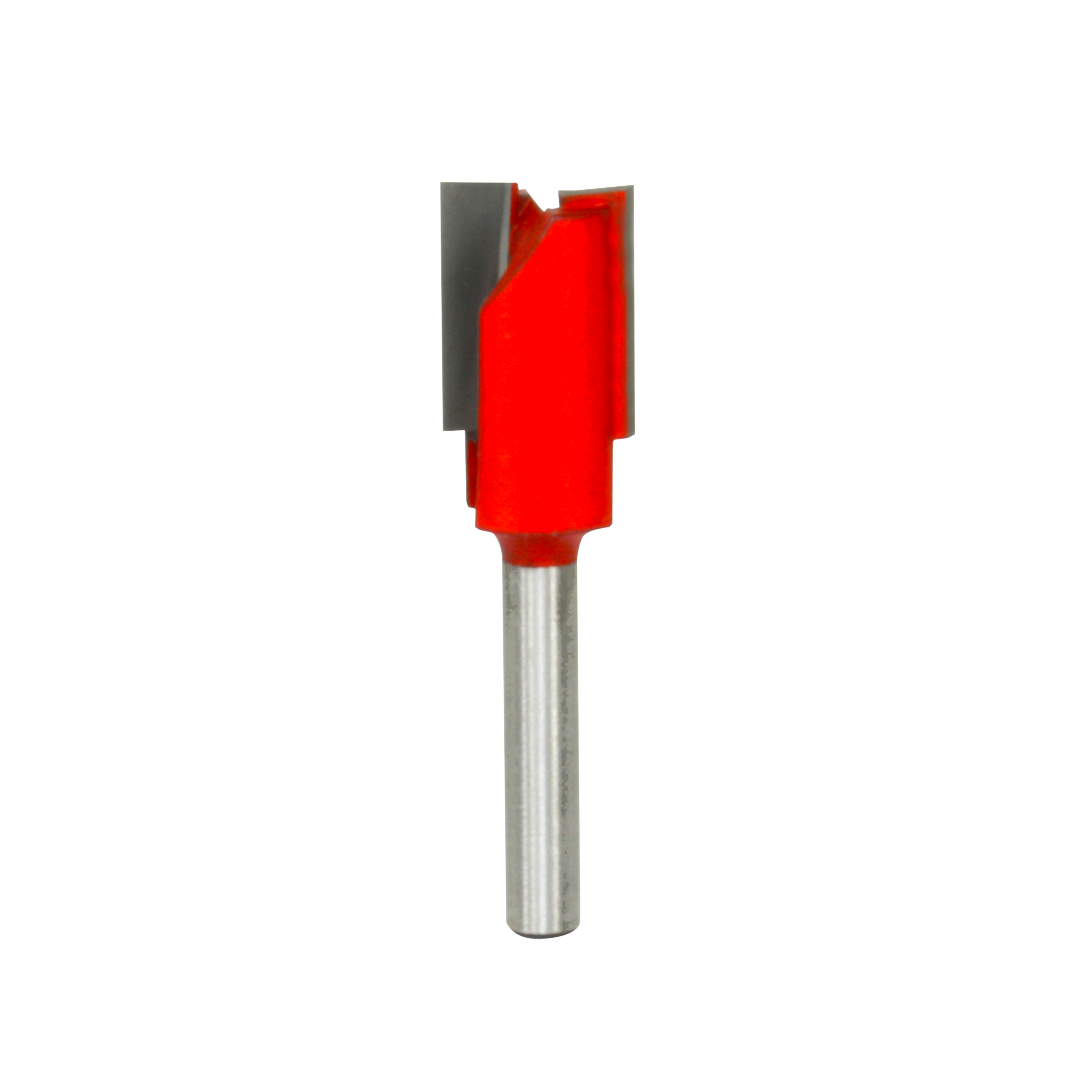 Red and gray straight router bit with two flutes and metal shank.