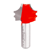 Freud multi-profile router bit with red cutting head and silver shank, featuring curved and scalloped edges.