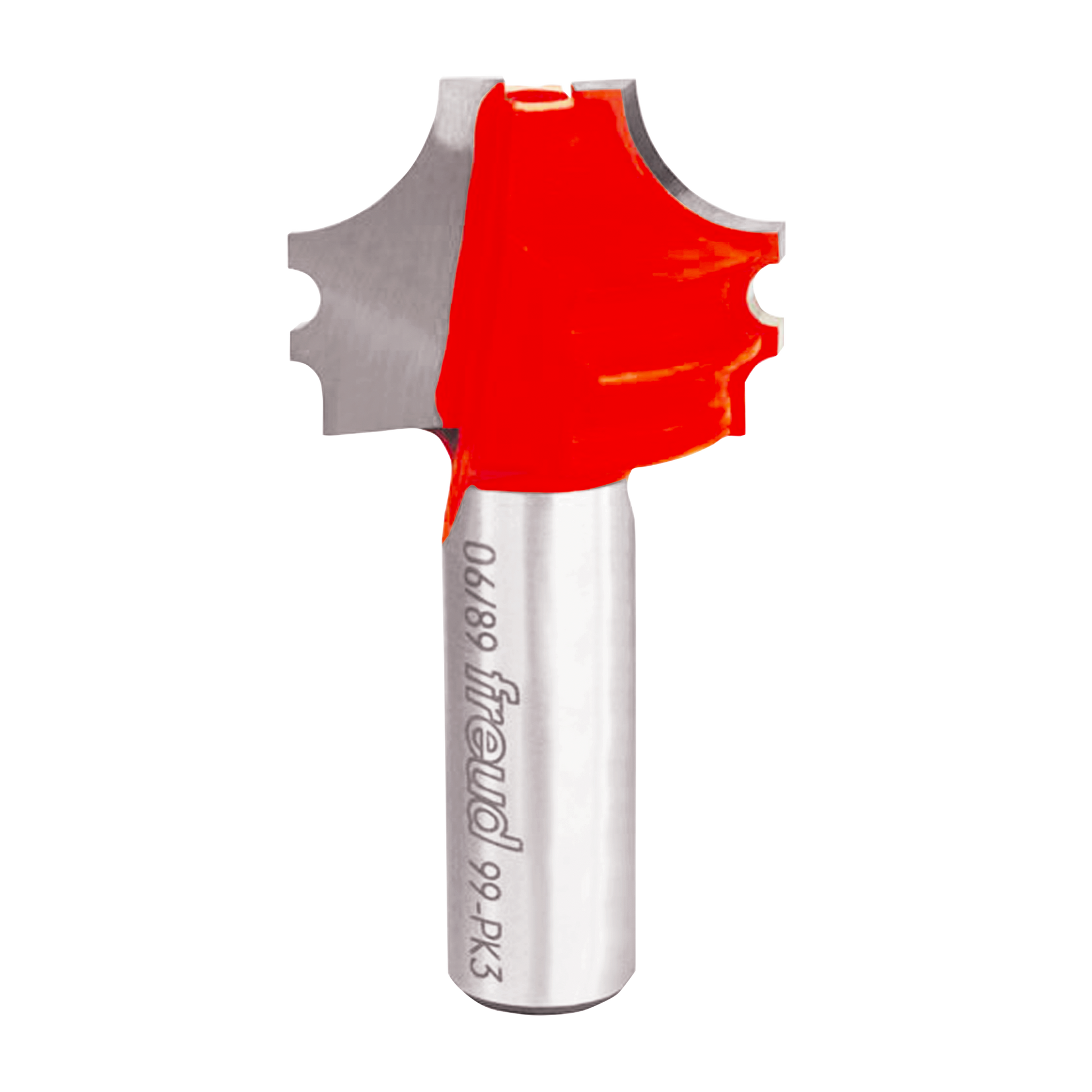 Freud multi-profile router bit with red cutting head and silver shank, featuring curved and scalloped edges.