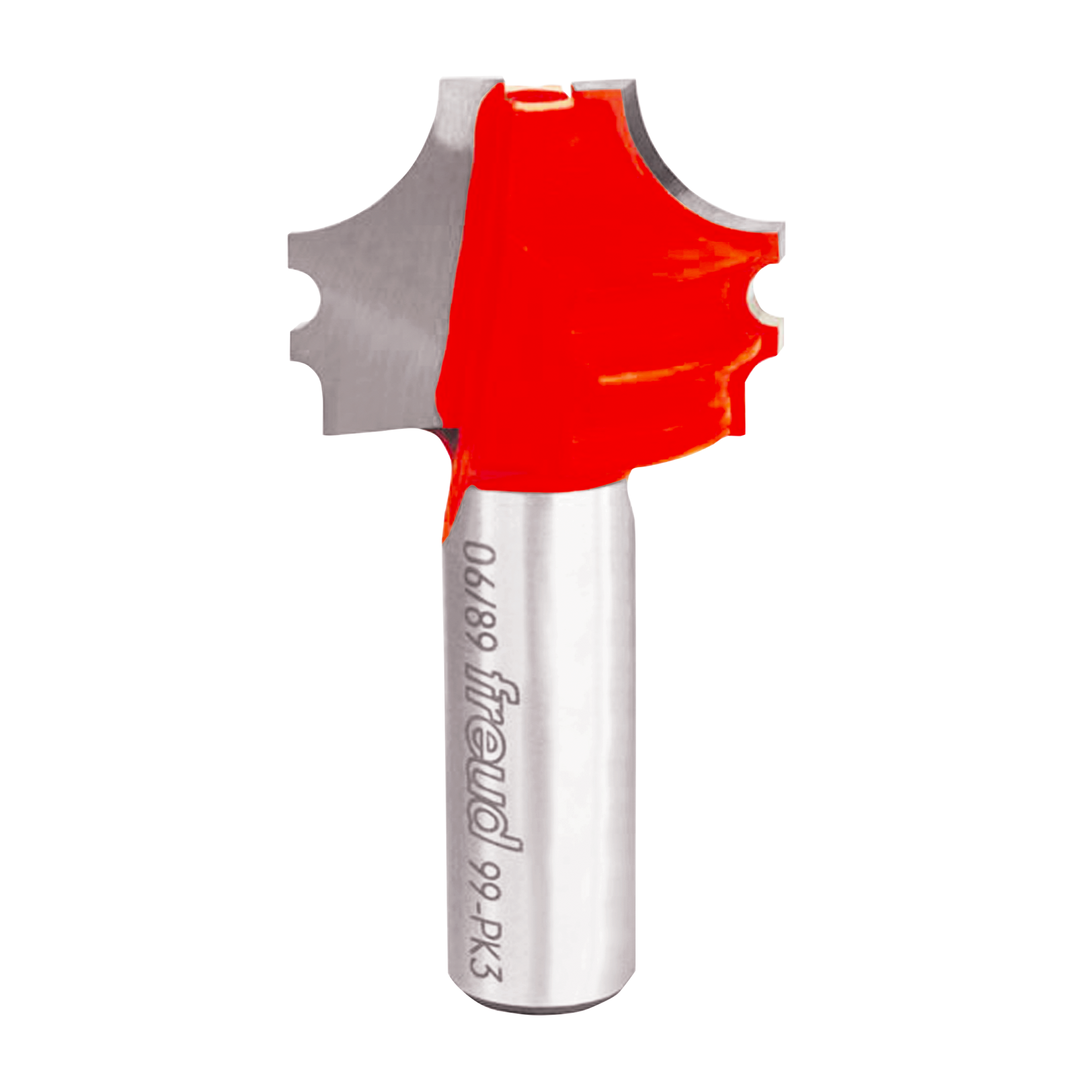 Freud multi-profile router bit with red cutting head and silver shank, featuring curved and scalloped edges.