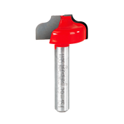 Router bit with red cutting head and silver metal shank featuring ogee groove profile design.