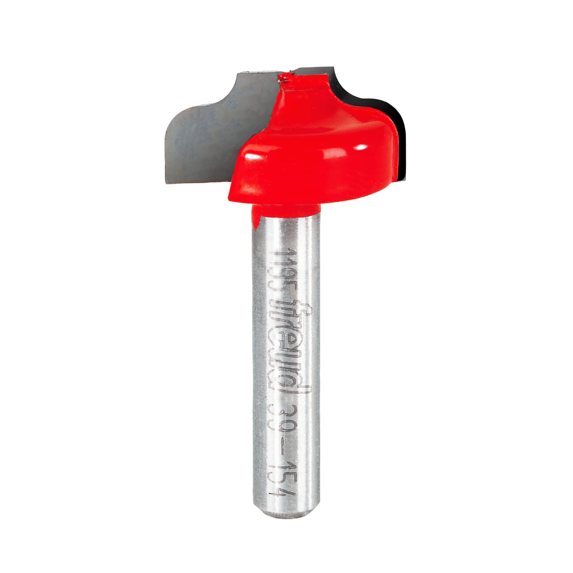 Router bit with red cutting head and silver metal shank featuring ogee groove profile design.