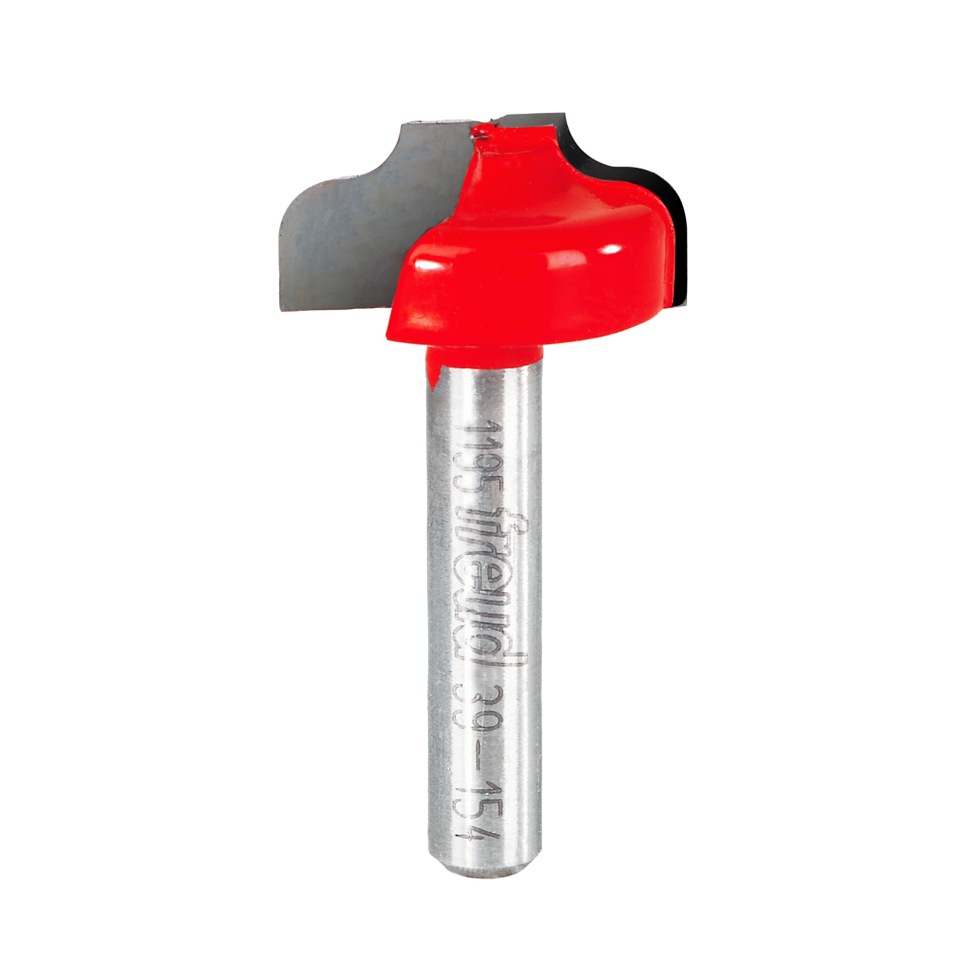 Router bit with red cutting head and silver metal shank featuring ogee groove profile design.
