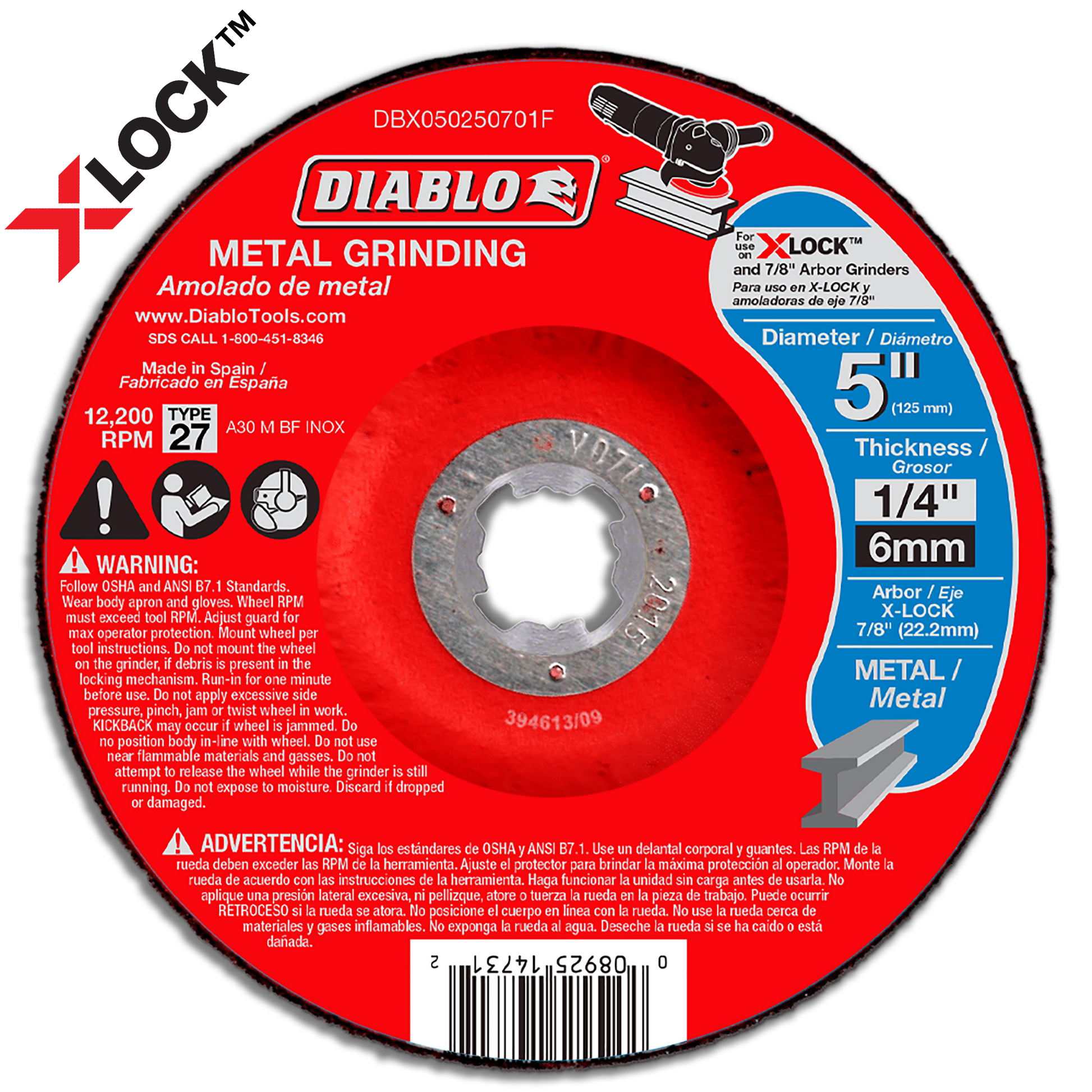 Red and gray metal grinding disc with X-LOCK arbor, 5 inch diameter, Type 27, rated 12,200 RPM.