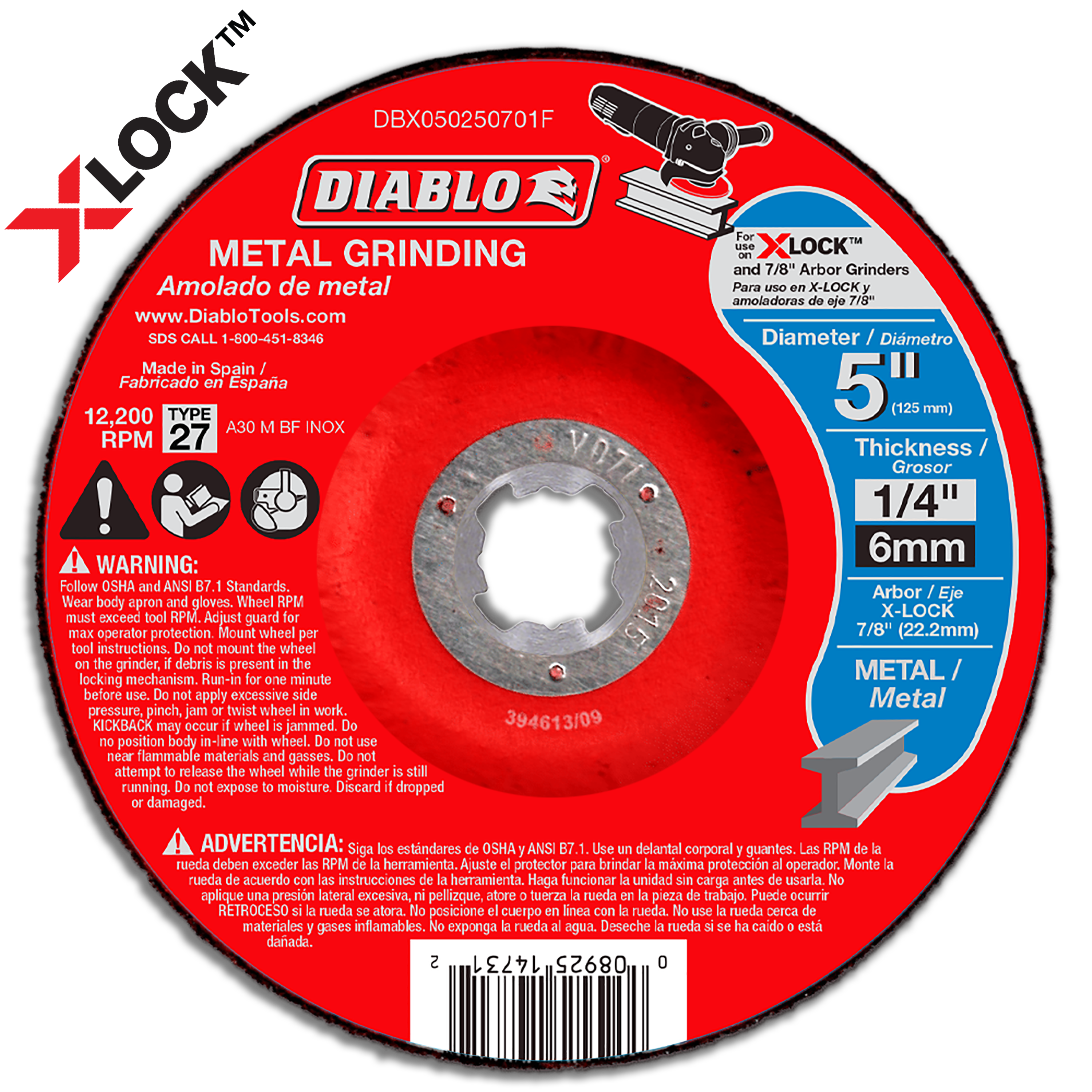 Red and gray metal grinding disc with X-LOCK arbor, 5 inch diameter, Type 27, rated 12,200 RPM.
