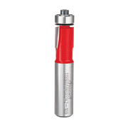 Freud bearing flush trim bit with red grip section and metallic silver body with black top bearing assembly.