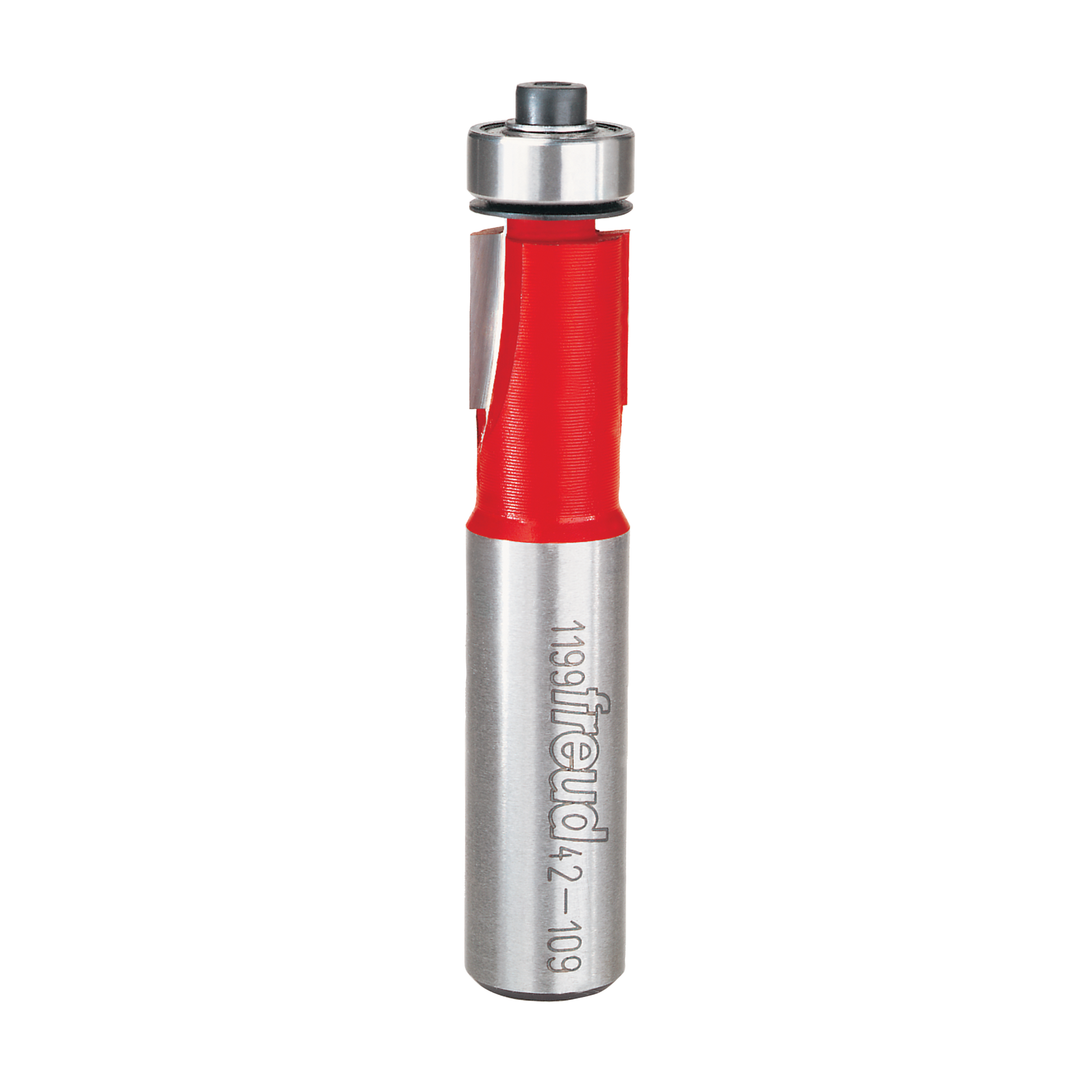 Freud bearing flush trim bit with red grip section and metallic silver body with black top bearing assembly.