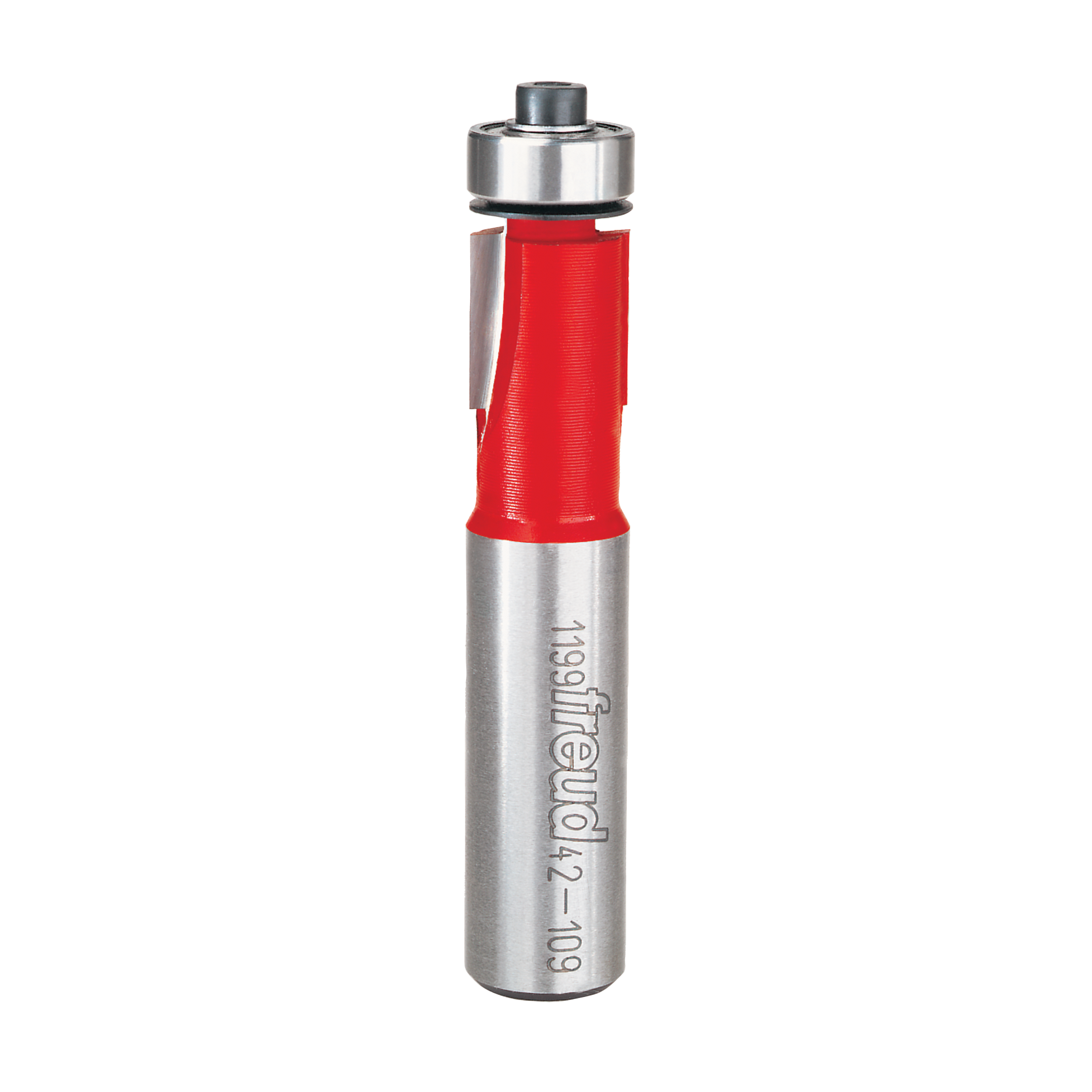 Freud bearing flush trim bit with red grip section and metallic silver body with black top bearing assembly.
