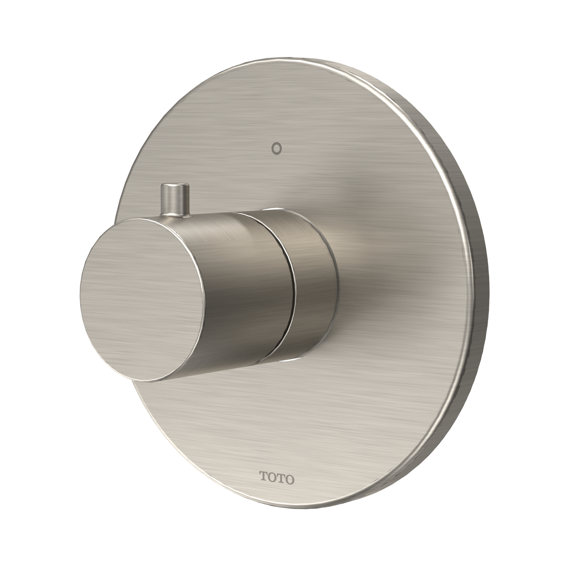Brushed nickel round shower valve trim with cylindrical control handle and circular mounting plate.