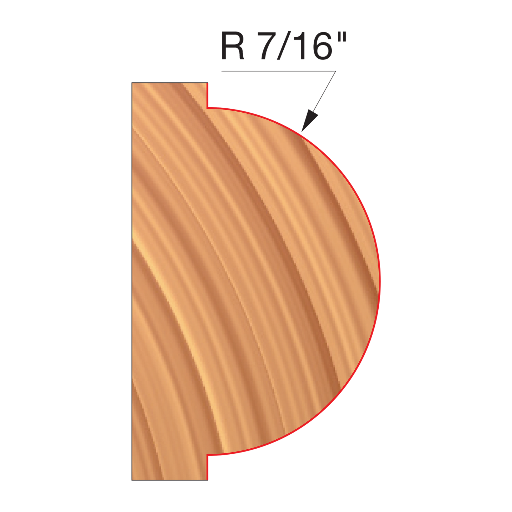 Concave radius router bit with R 7/16" curved edge and straight cutting profile shown from side view.