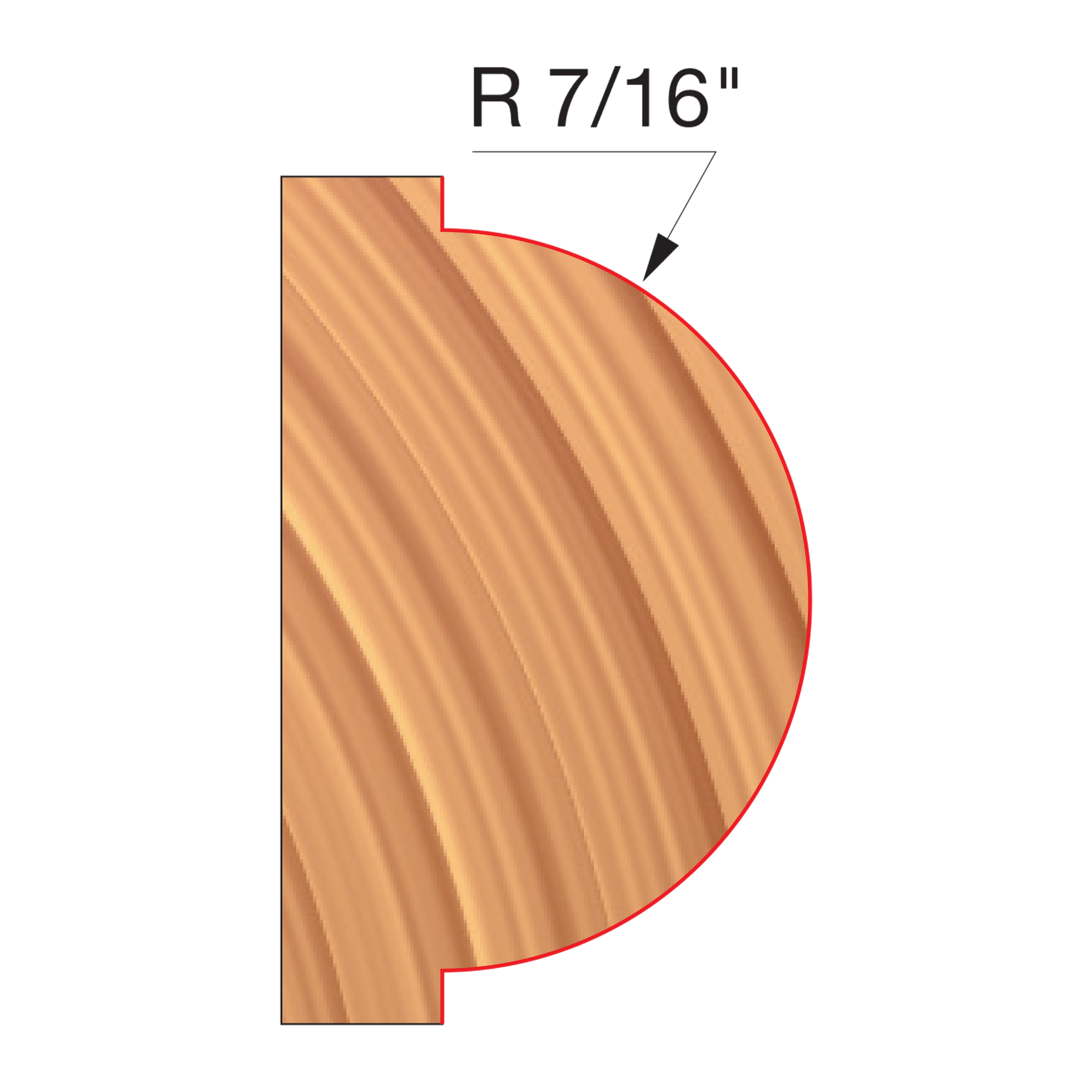 Concave radius router bit with R 7/16" curved edge and straight cutting profile shown from side view.