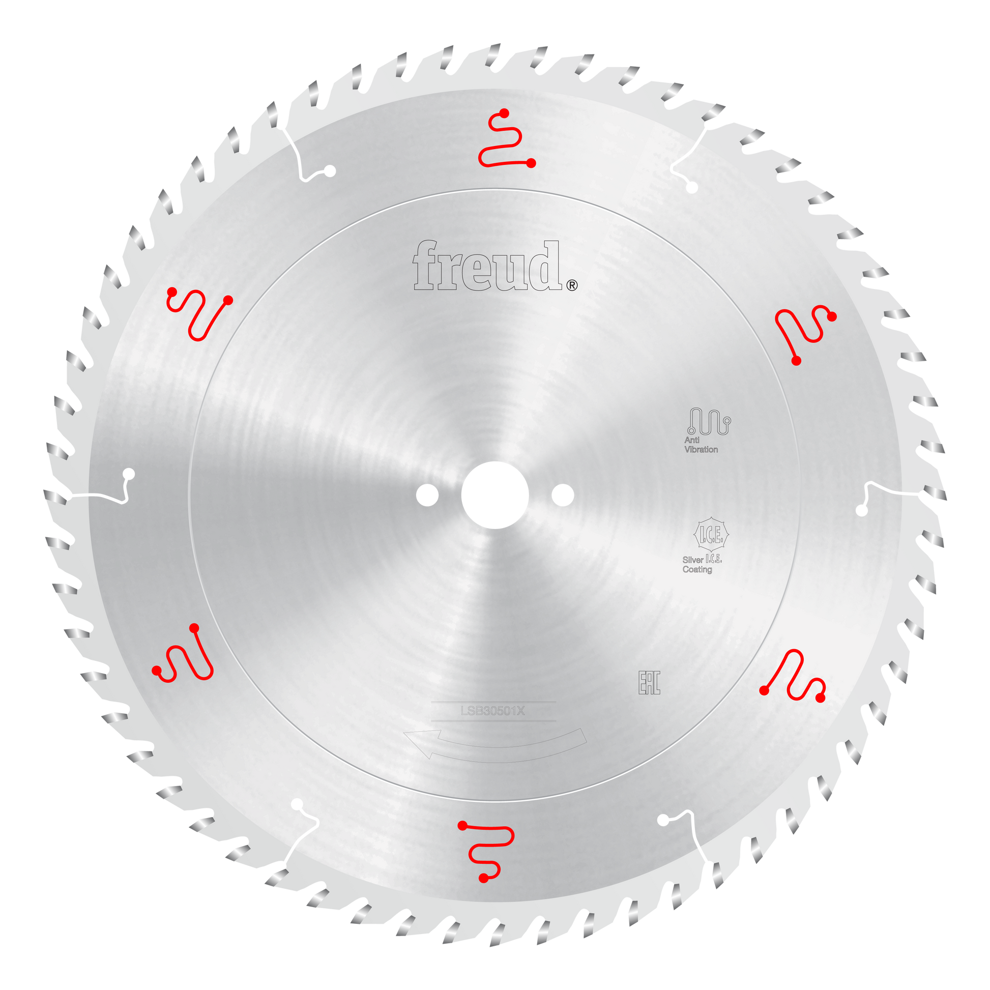 Freud 305mm circular saw blade with teeth around perimeter, center mounting holes, and red Freud logo markings on silver stee