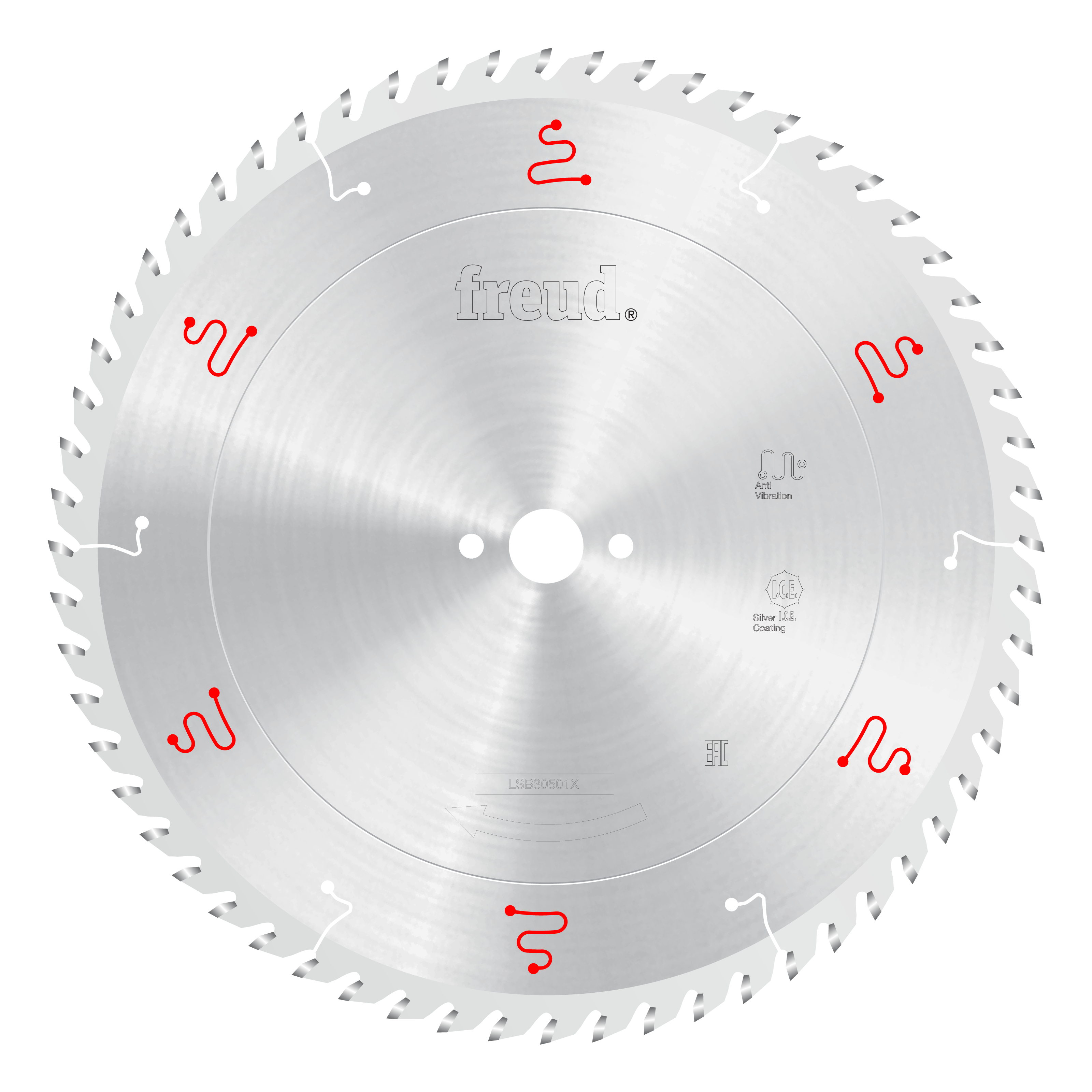 Freud 305mm circular saw blade with teeth around perimeter, center mounting holes, and red Freud logo markings on silver stee