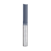 Straight router bit with two flutes and dark gray shank on polished metal cutting end.