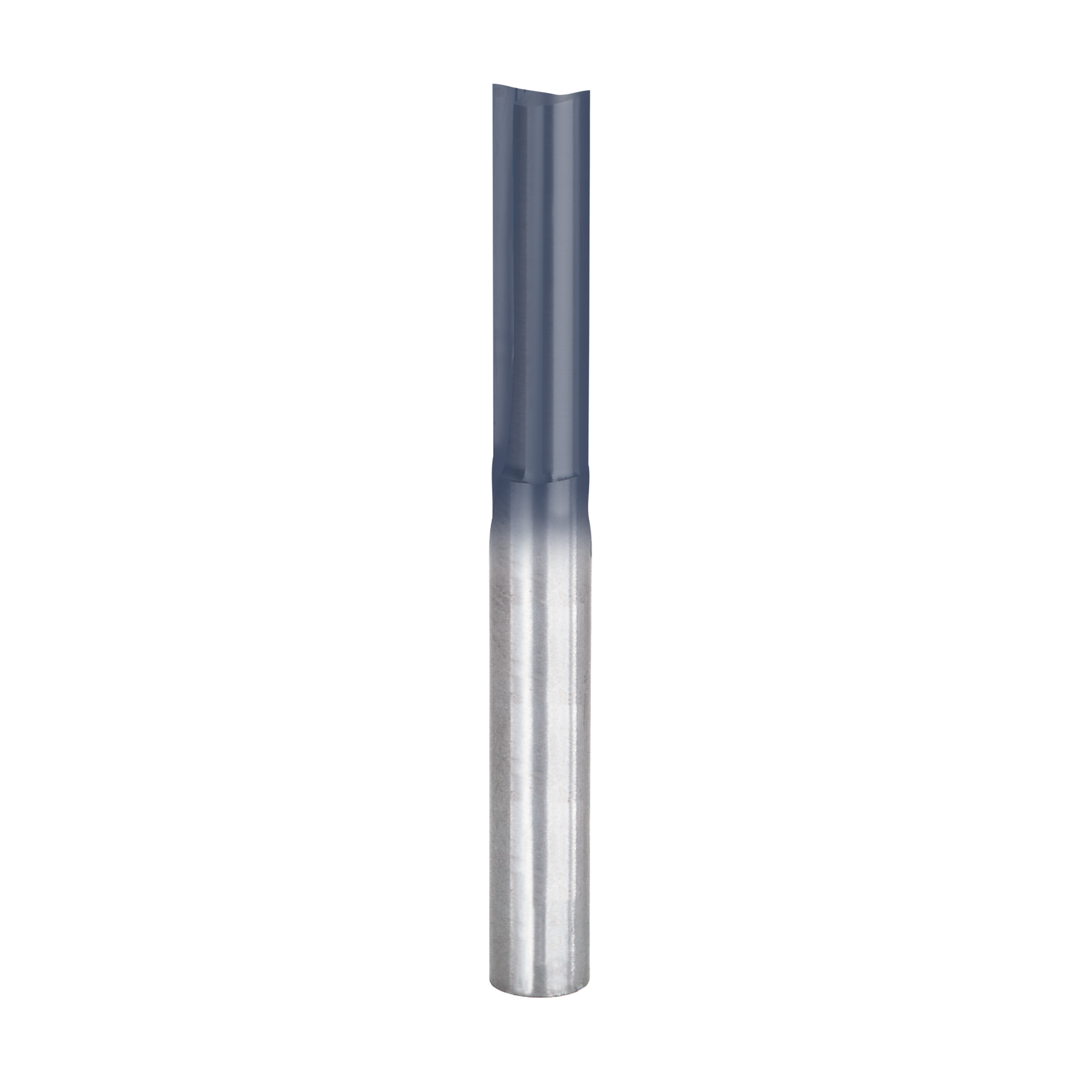Straight router bit with two flutes and dark gray shank on polished metal cutting end.
