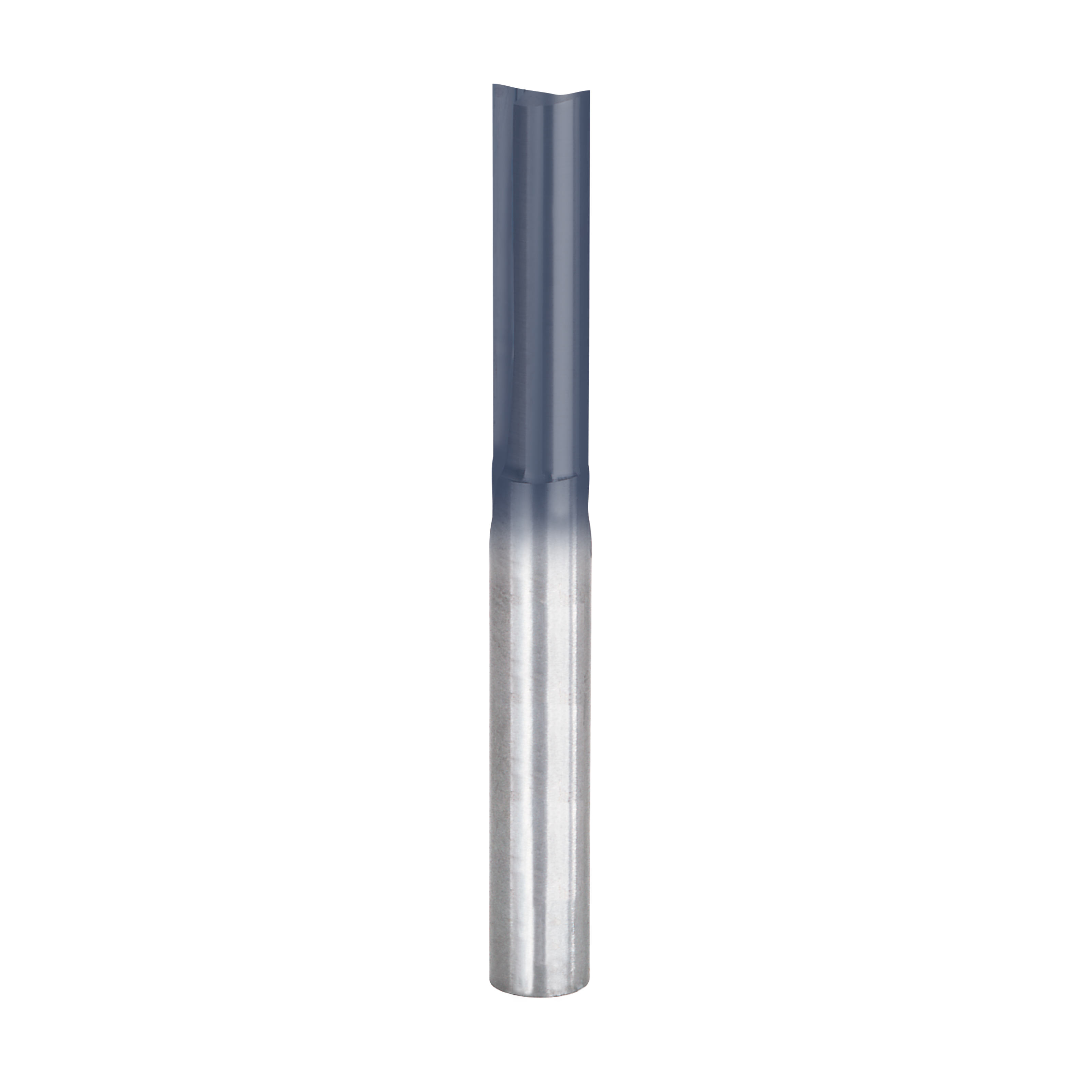 Straight router bit with two flutes and dark gray shank on polished metal cutting end.