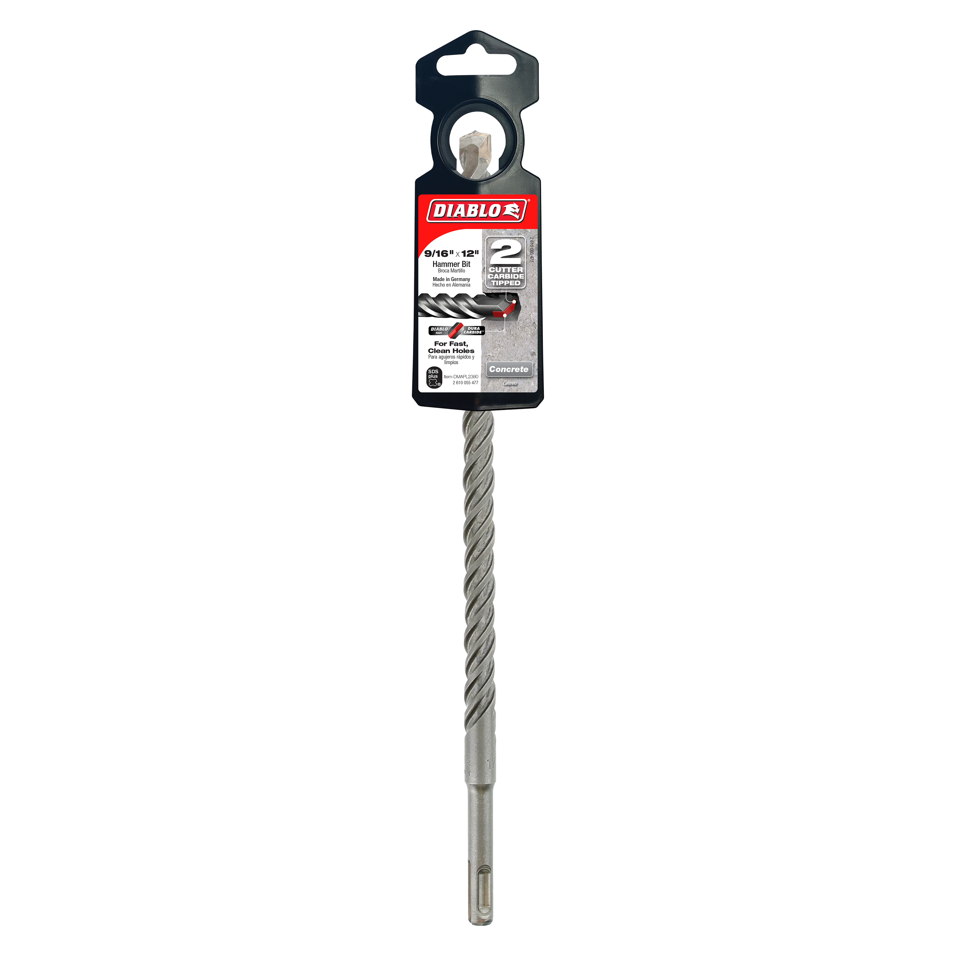 Diablo SDS-Plus hammer drill bit with 2-cutter design and black packaging header on spiral fluted metal shaft.
