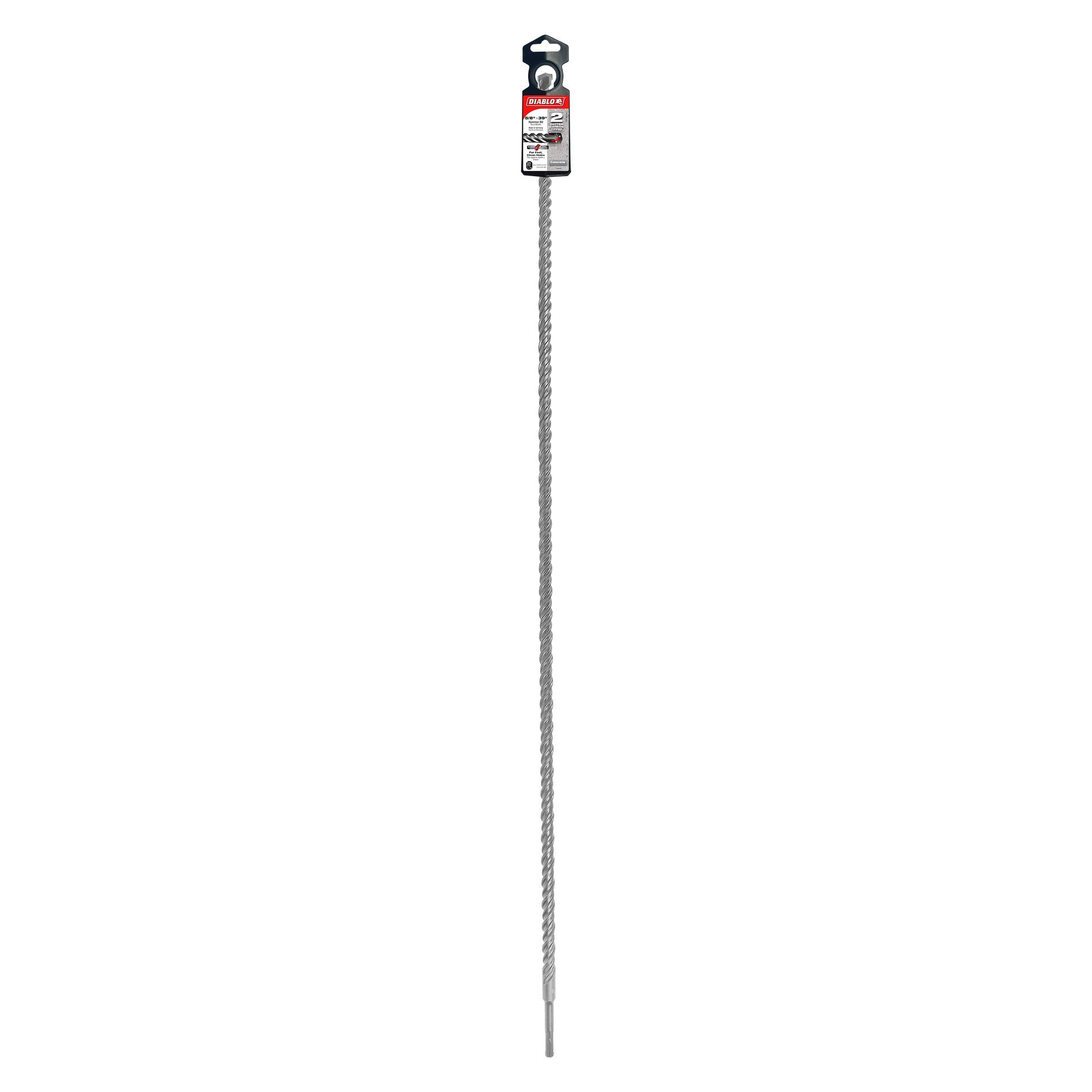 Diablo SDS-Plus drill bit with gray fluted shaft and red packaging label at top.