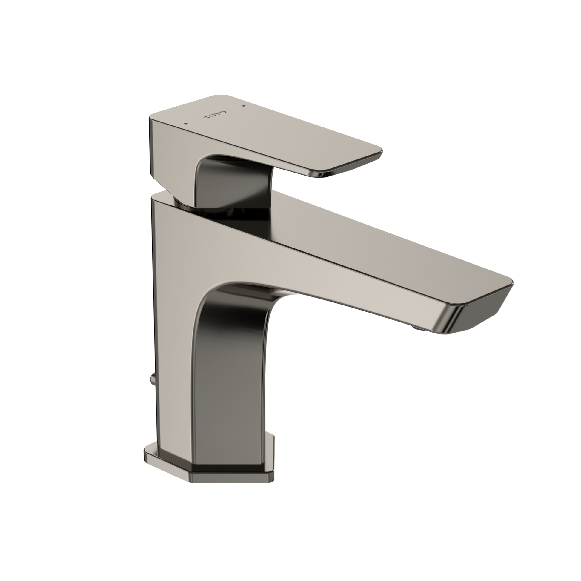 Polished nickel single-handle bathroom sink faucet with rectangular spout and black accents.