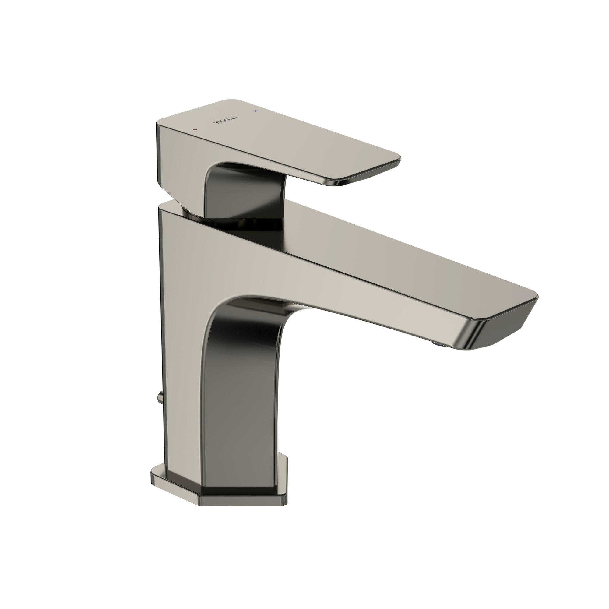 Polished nickel single-handle bathroom sink faucet with rectangular spout and black accents.