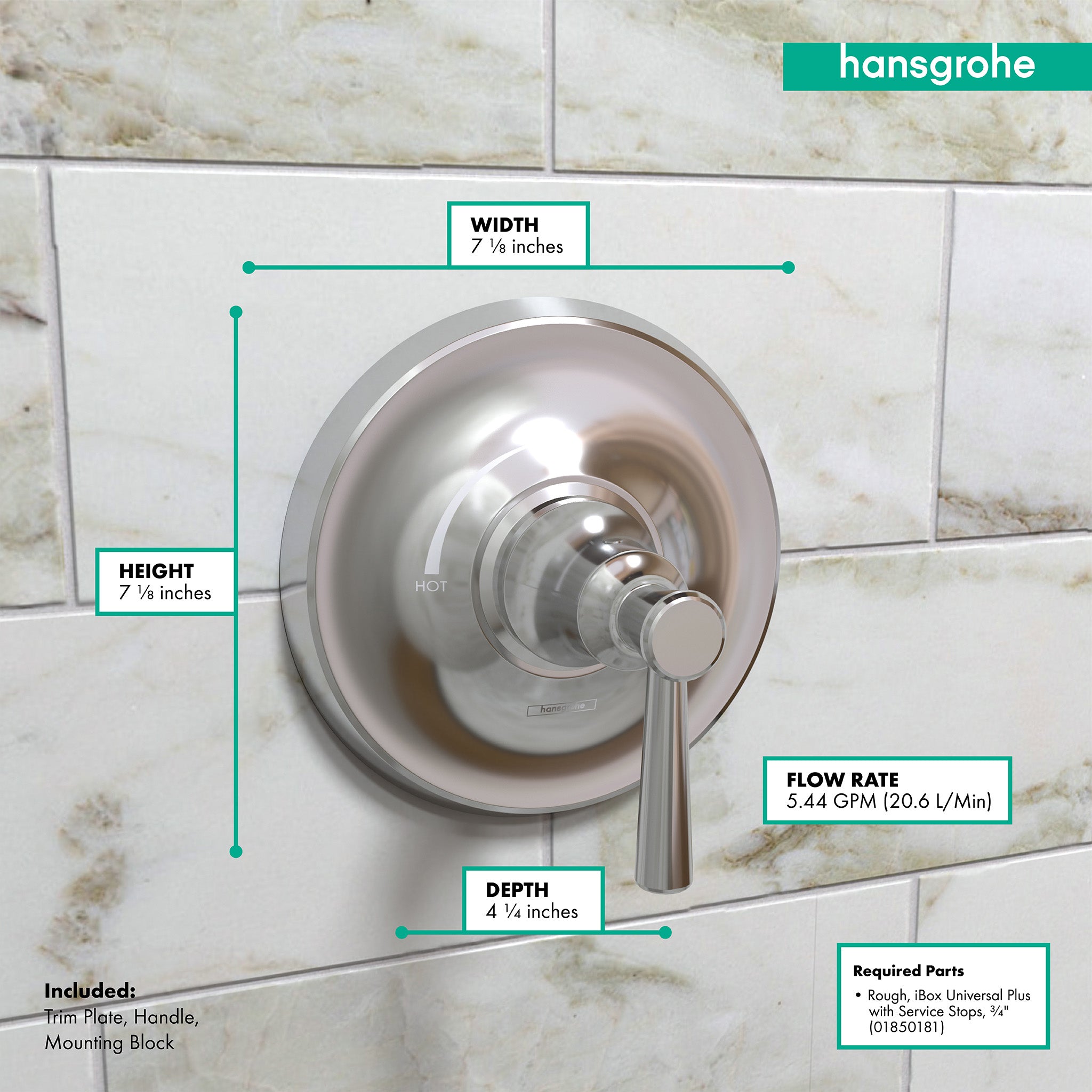 Chrome pressure balance shower trim with round escutcheon plate and single lever handle, 7.5 inches wide.
