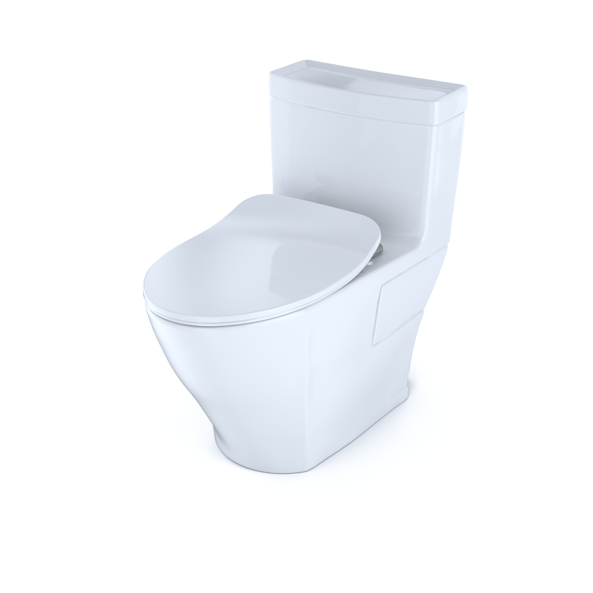 White elongated one-piece toilet with soft-close seat and integrated tank.