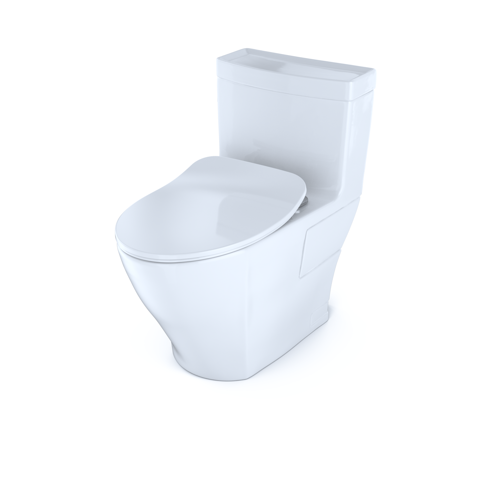 White elongated one-piece toilet with soft-close seat and integrated tank.