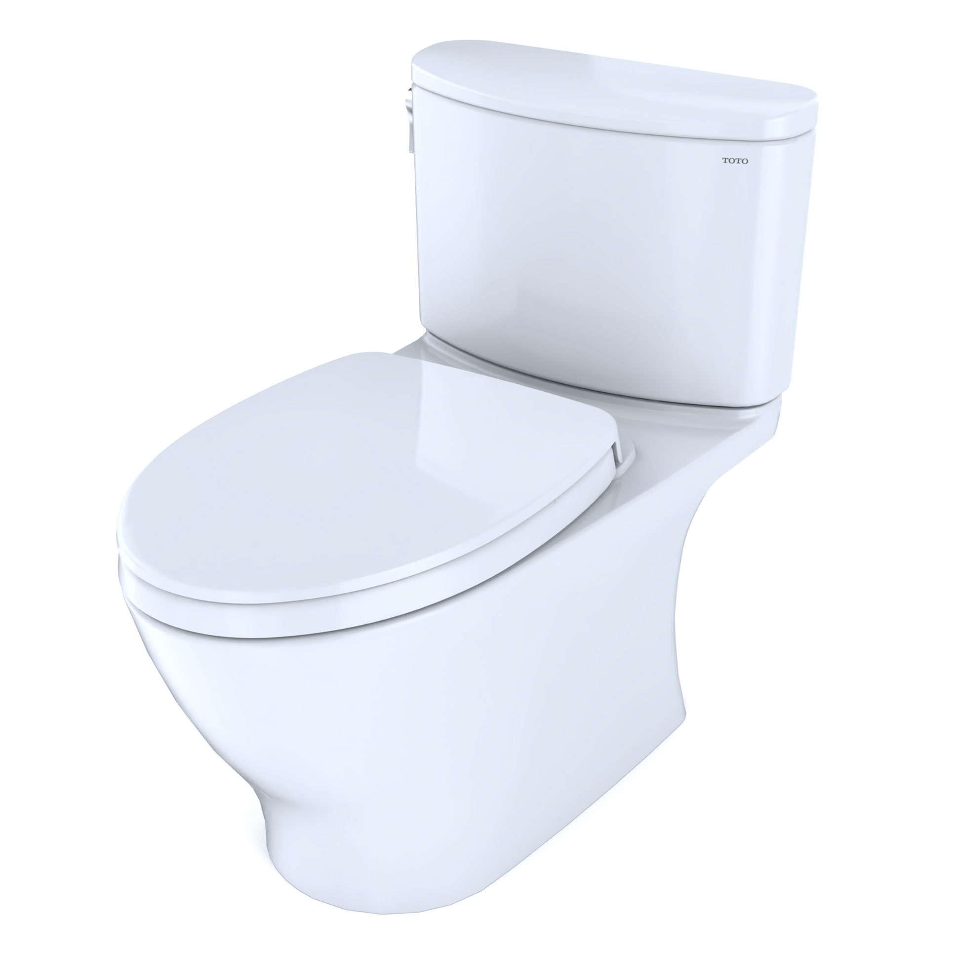 Cotton white two-piece elongated toilet with soft-close seat and separate tank.