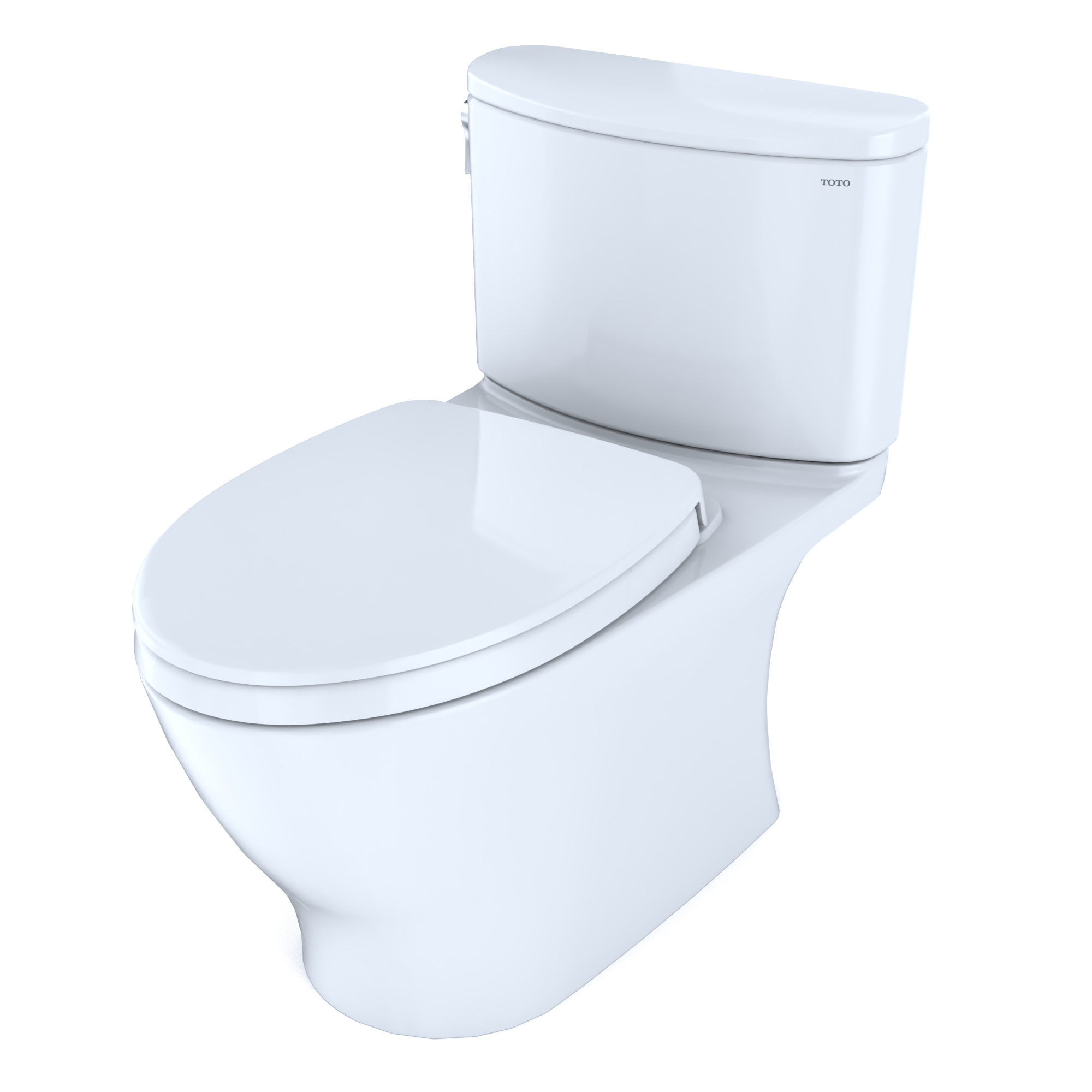 Cotton white two-piece elongated toilet with soft-close seat and separate tank.