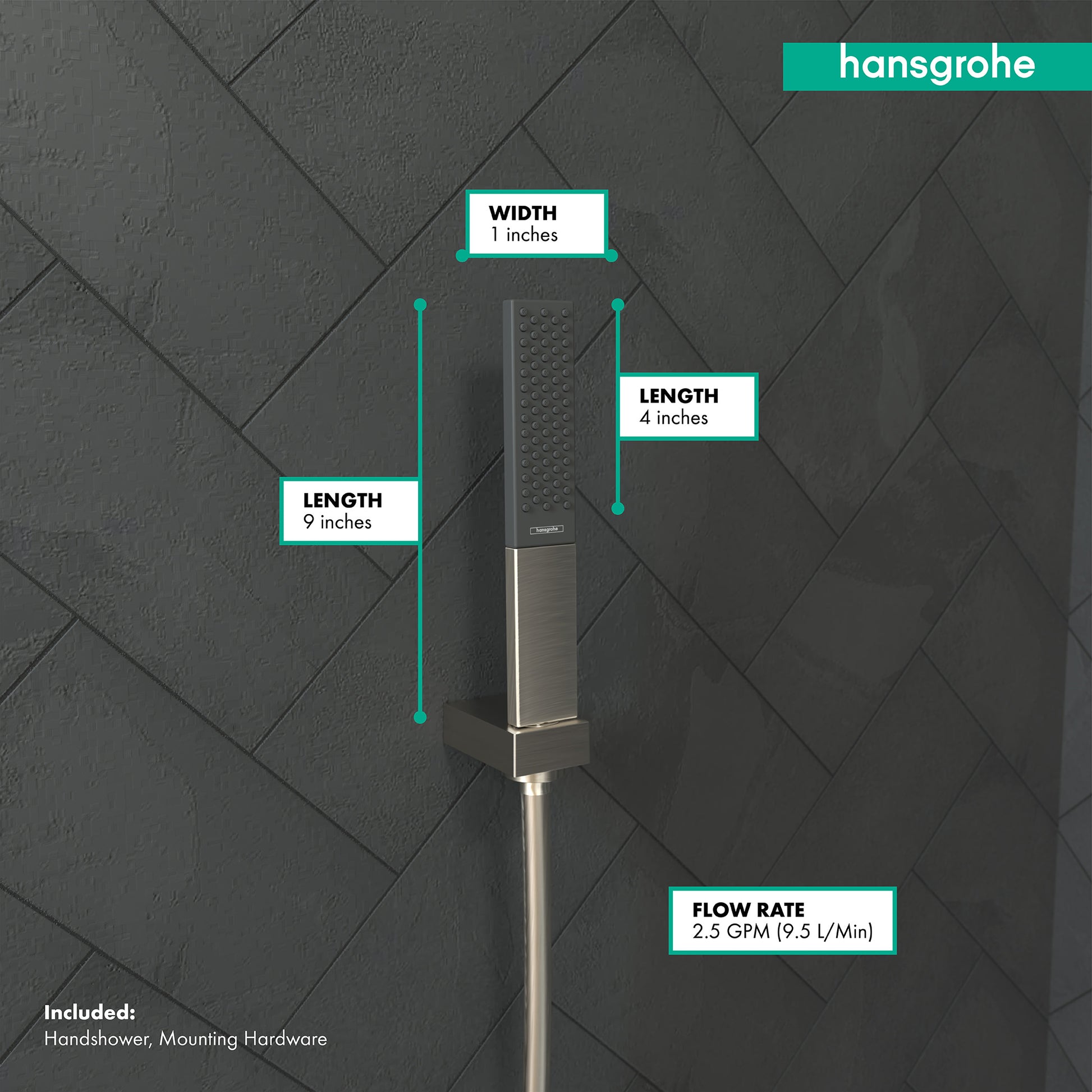 Brushed nickel rectangular handshower with 1-inch width and 4-inch perforated spray face, shown with dimensions and 2.5 GPM f
