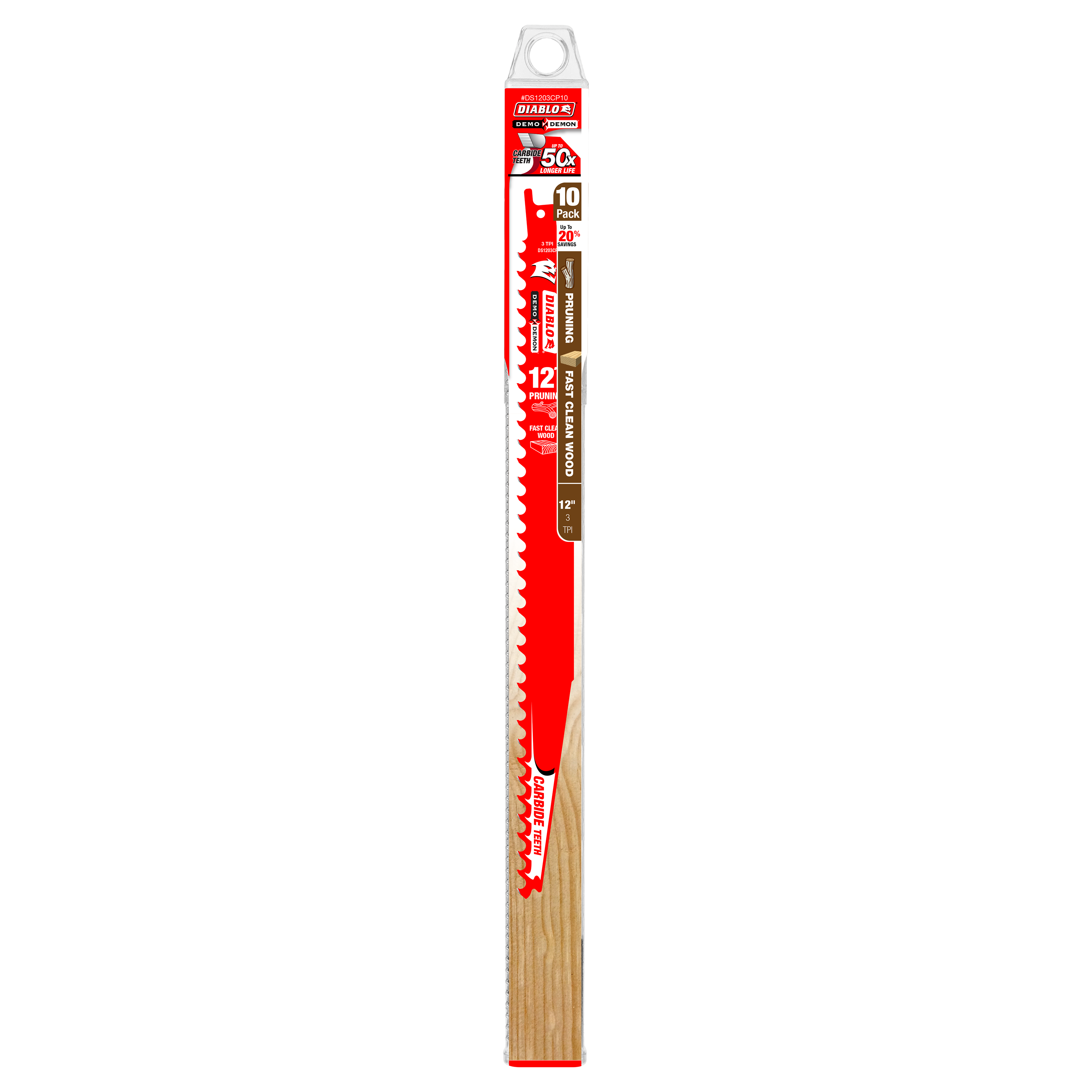 Diablo 12-inch carbide-tipped pruning saw blade with red packaging and wooden handle, 10-pack.