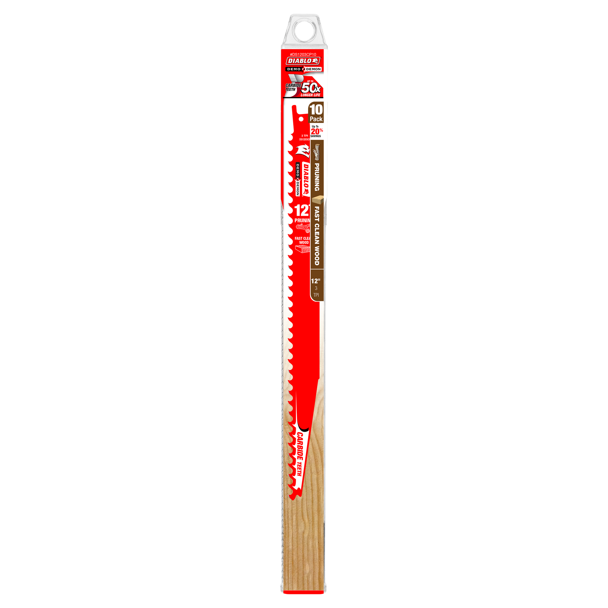 Diablo 12-inch carbide tipped pruning blade with wooden handle and red packaging showing 10-pack contents.