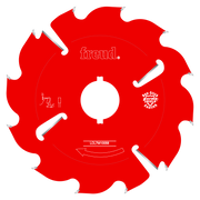 Red circular saw blade with white teeth and center hole, marked "freud" and "LCL7M10058" with "Non-Stick Perma-Shield Coating