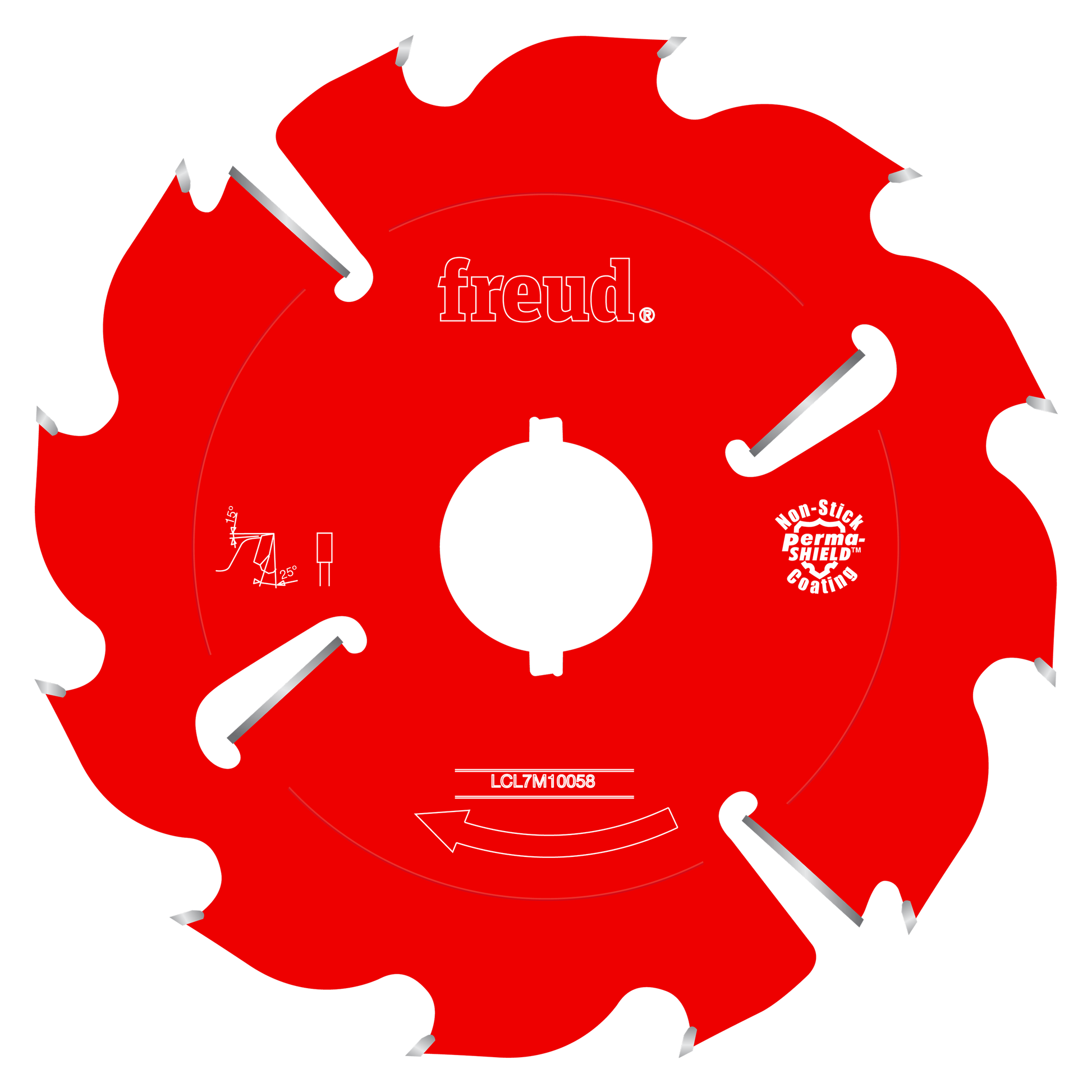 Red circular saw blade with white teeth and center hole, marked "freud" and "LCL7M10058" with "Non-Stick Perma-Shield Coating